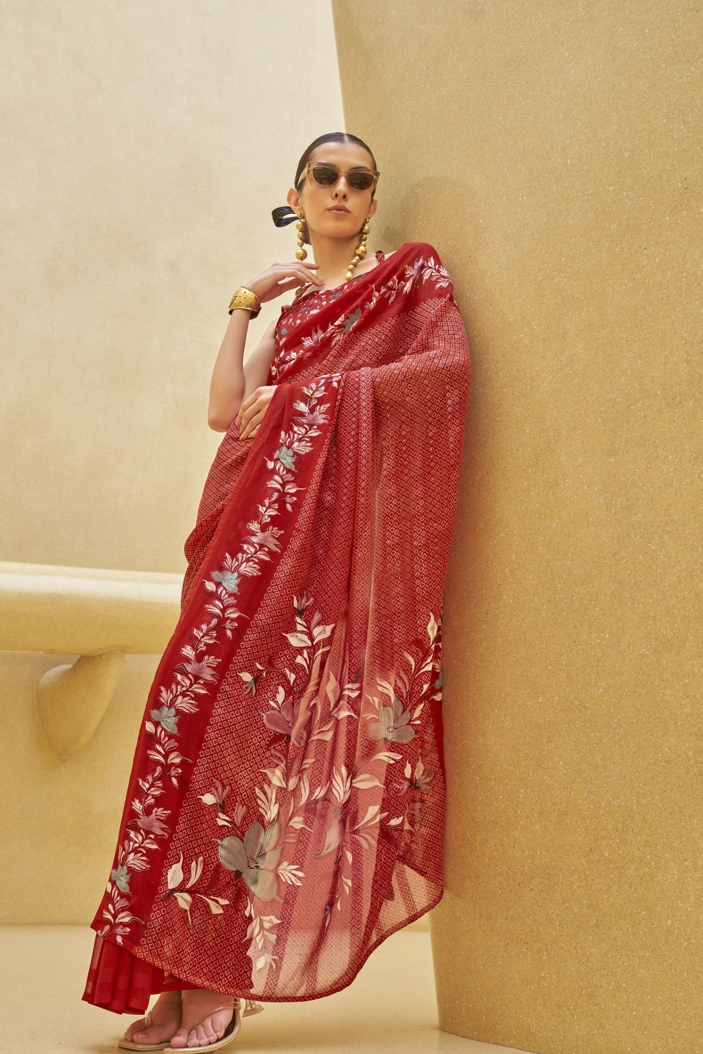 Cherry Red Georgette Printed Saree