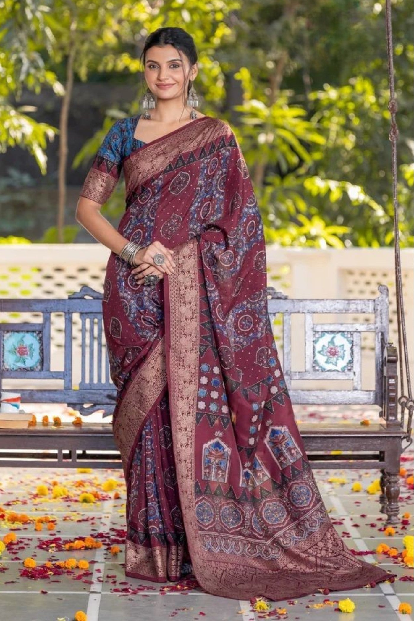 Cedar Maroon Ajrakh Digital Printed Satin Saree