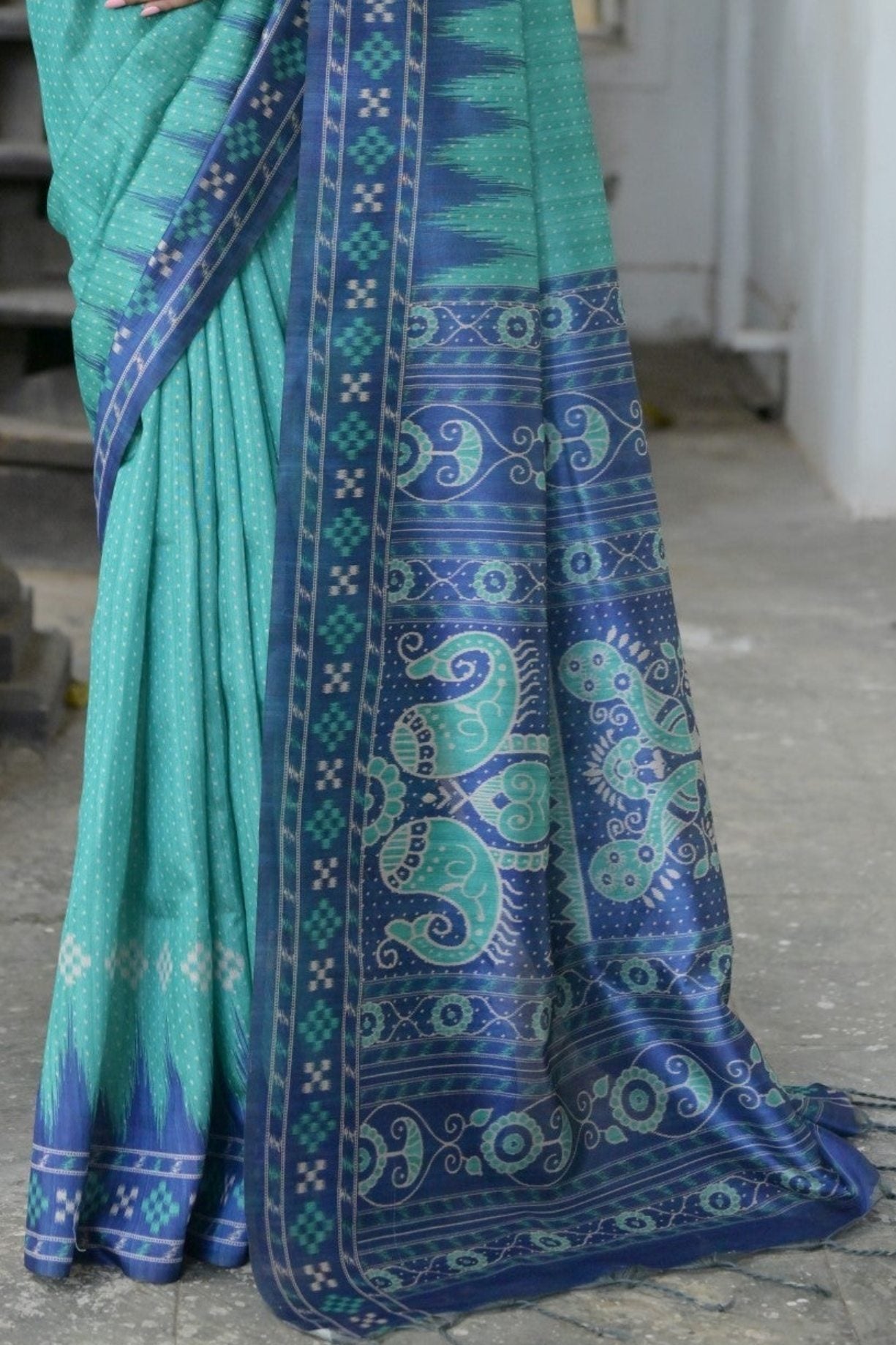 Fountain Green and Blue Printed Tussar Silk Saree