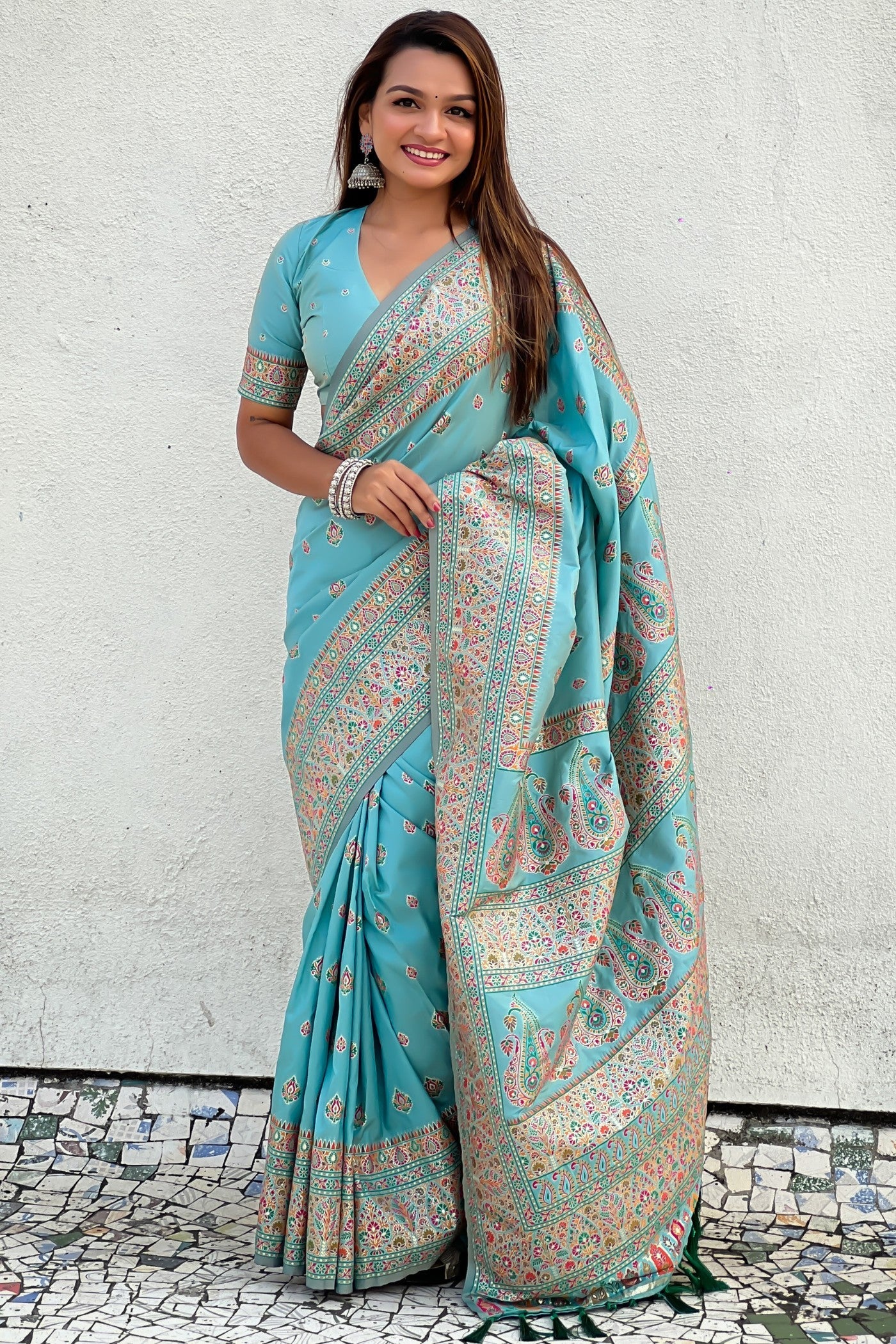 Sky Blue Kashmiri Jamewar Saree