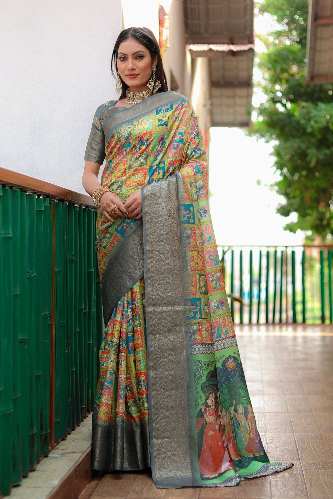 Multicolor Green Digital Printed Kalamkari Saree