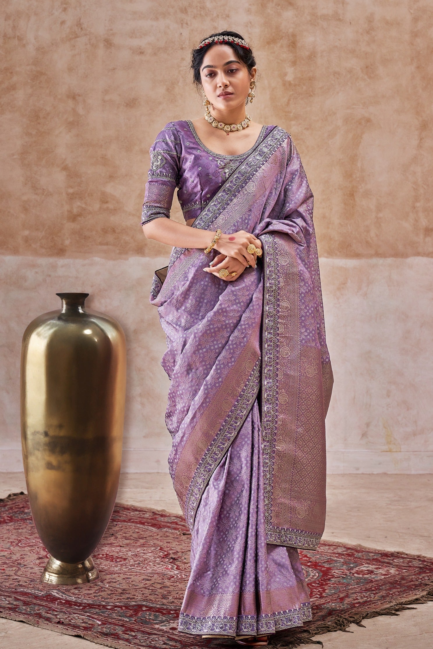 Lily Purple Embroidered Satin Silk Saree