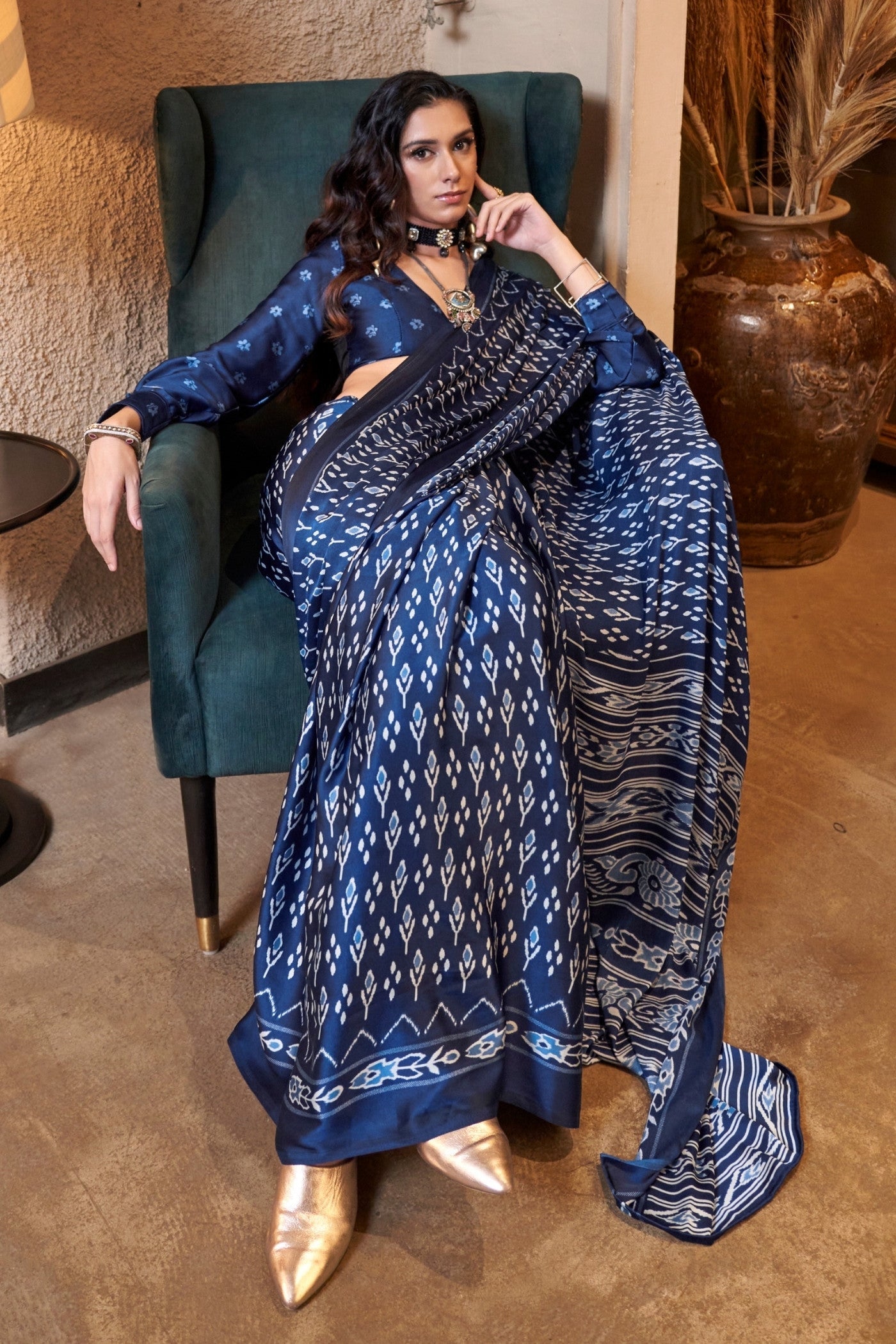 Egyptian Blue Patola Printed Satin Crepe Saree