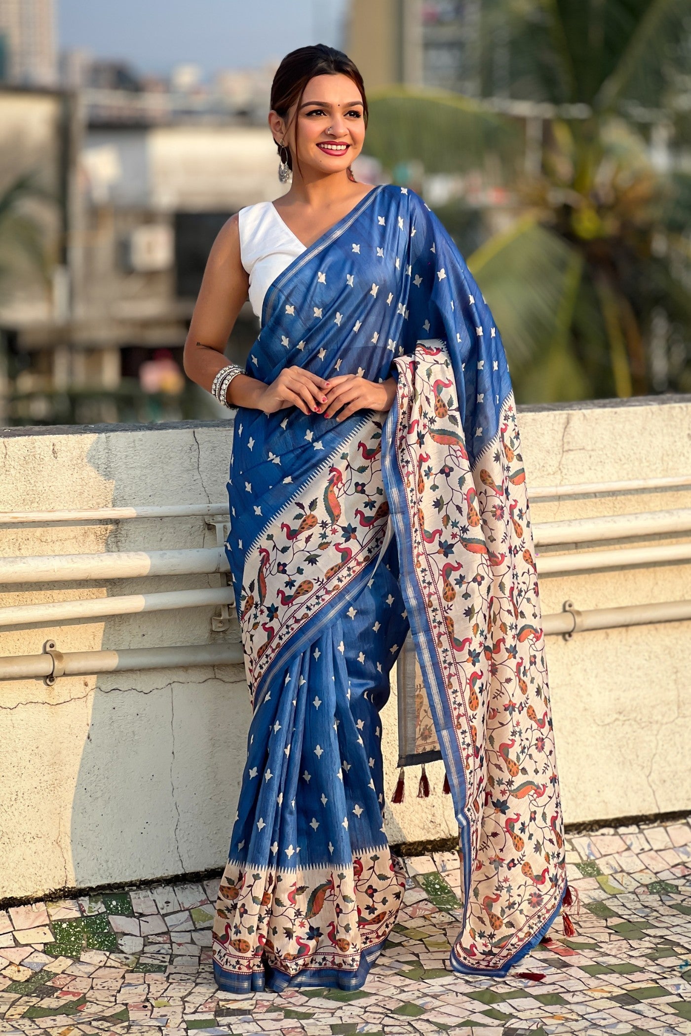 Royal Blue Floral Printed Kalamkari Saree