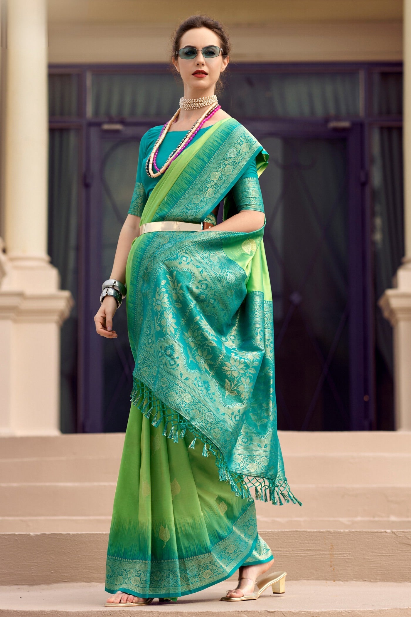 Hippie Green Woven Banarasi Soft Silk Saree