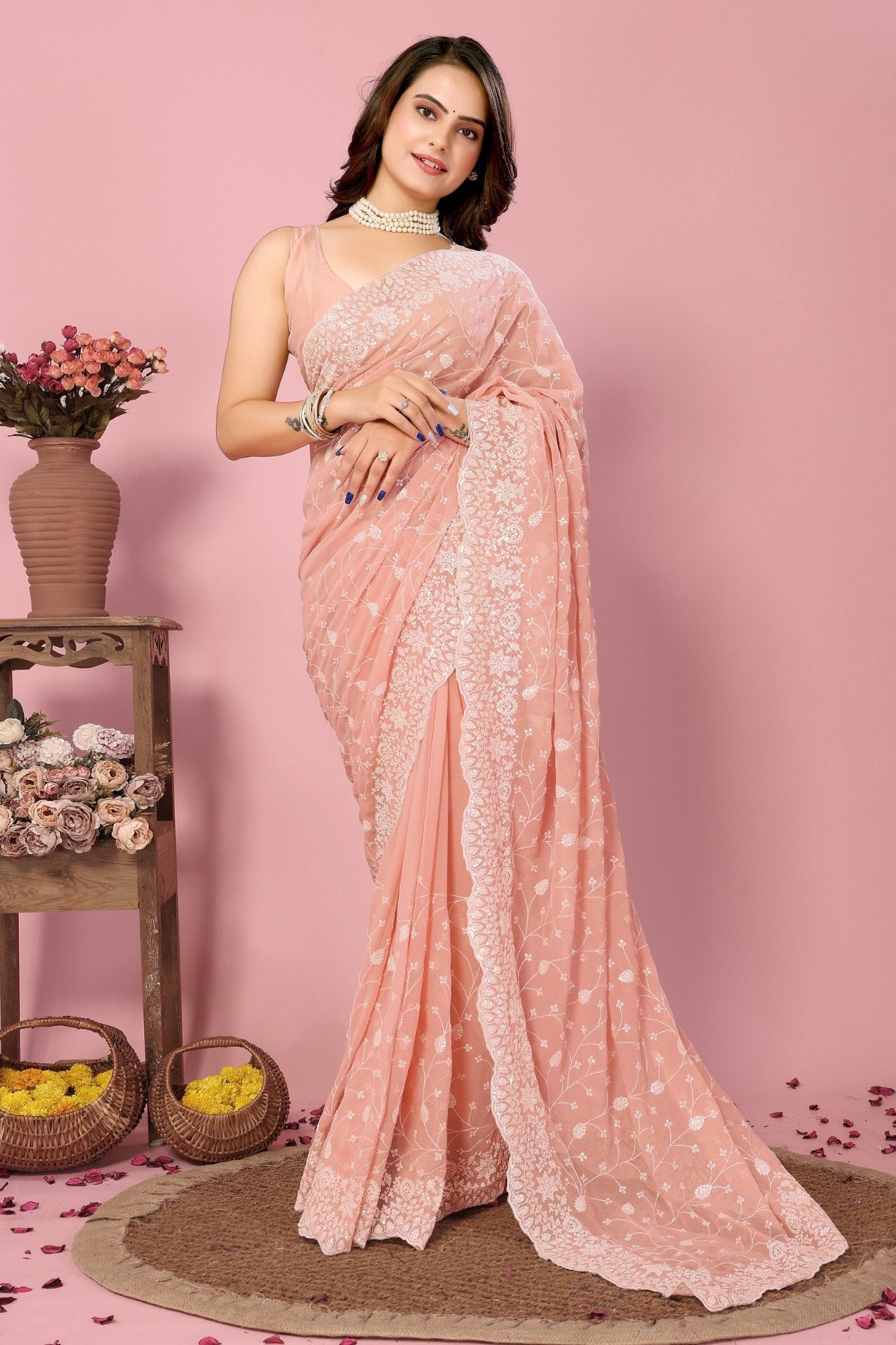 Melon Peach Georgette Embroidered Silk Saree