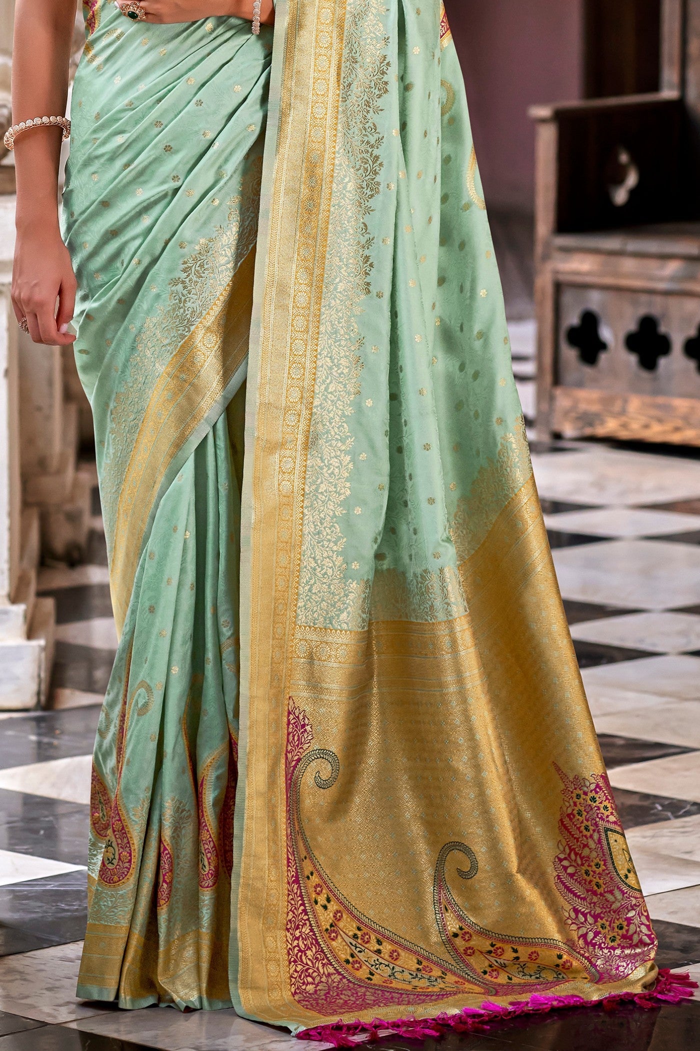 Pine Green Banarasi Soft Silk Saree