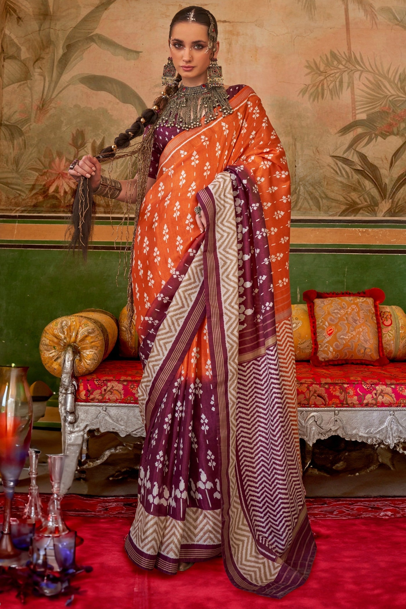 Flamingo Orange and Brown Printed Patola Saree