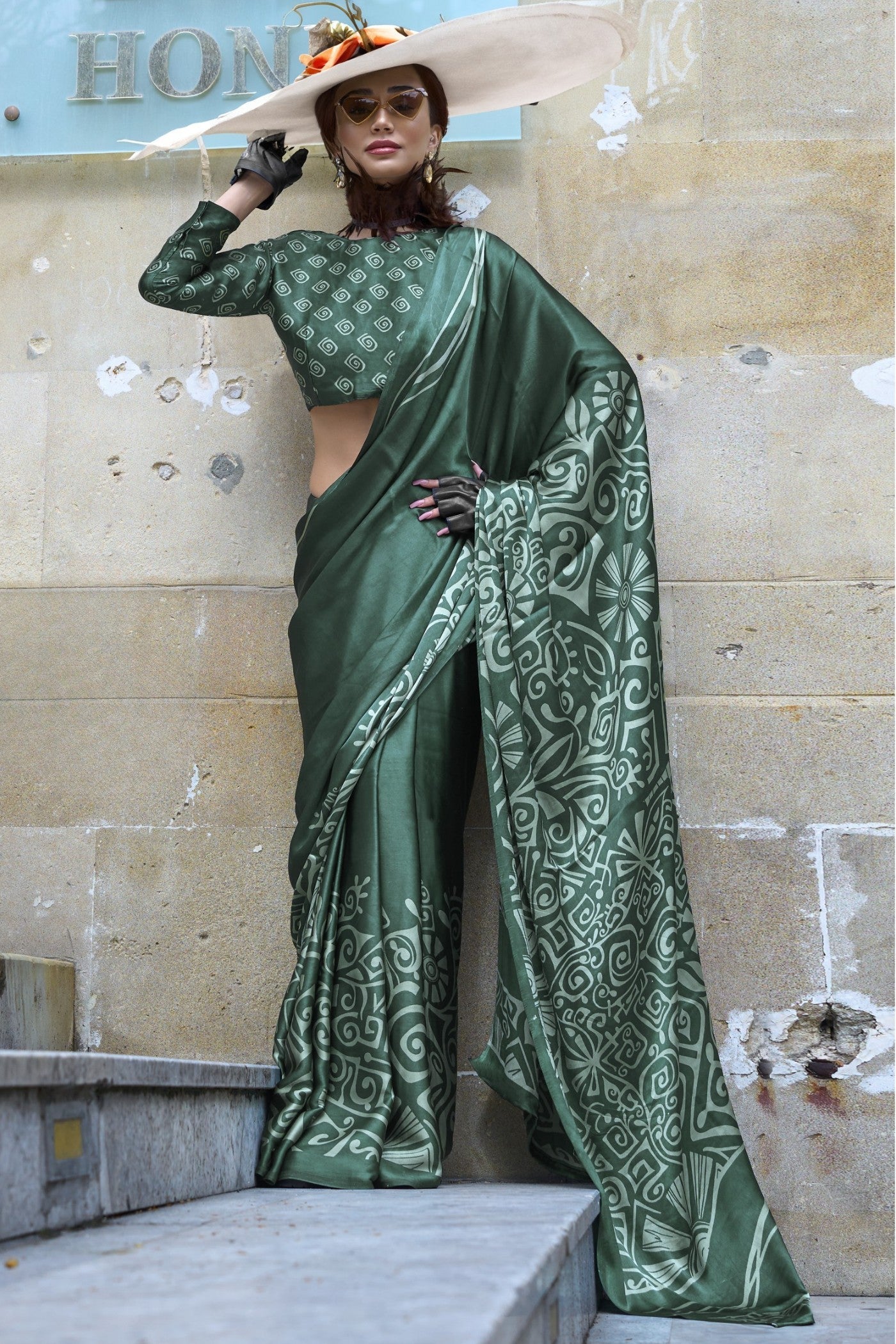 Luster Green Printed Satin Crepe Silk Saree