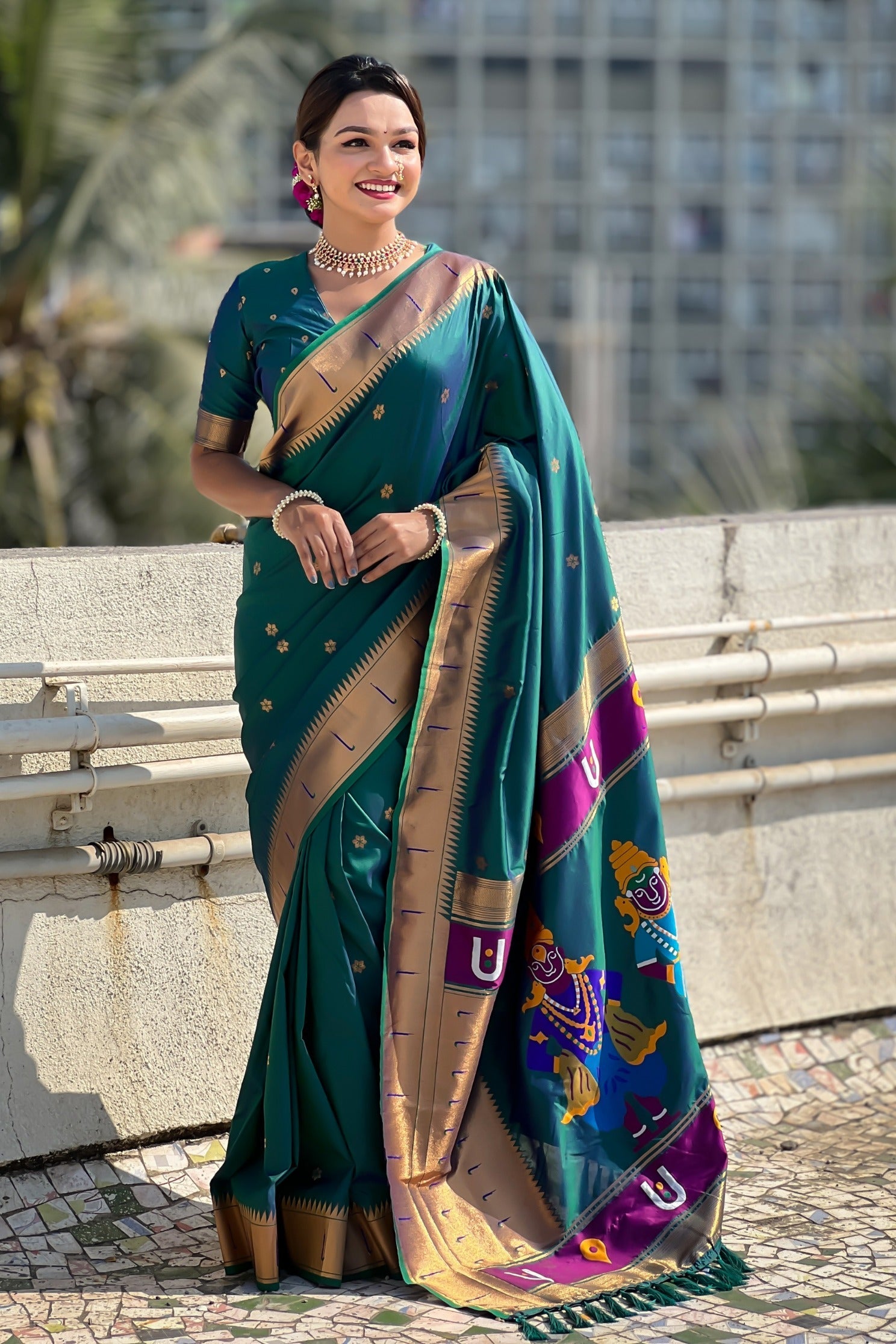 Elephant Green Woven Paithani Saree