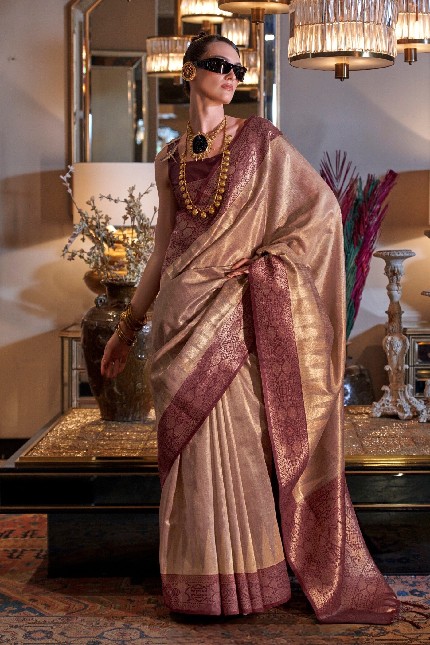 Coca Brown Woven Tissue Silk Saree