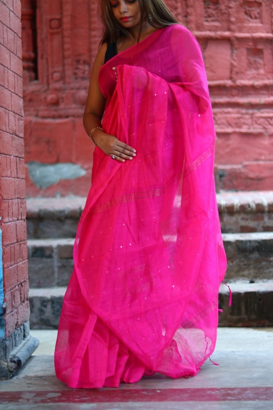 Magenta Pink Cotton Sequence Chumki Saree