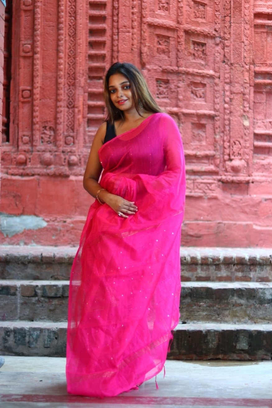 Magenta Pink Cotton Sequence Chumki Saree