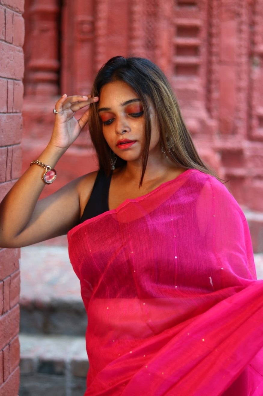 Magenta Pink Cotton Sequence Chumki Saree