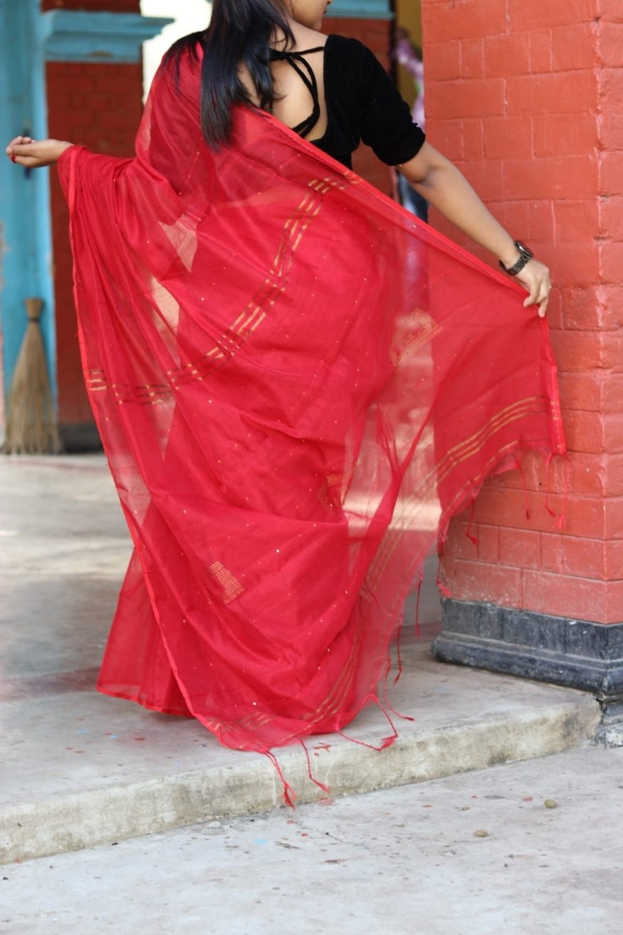 Tamarillo Red Cotton Sequence Chumki Saree