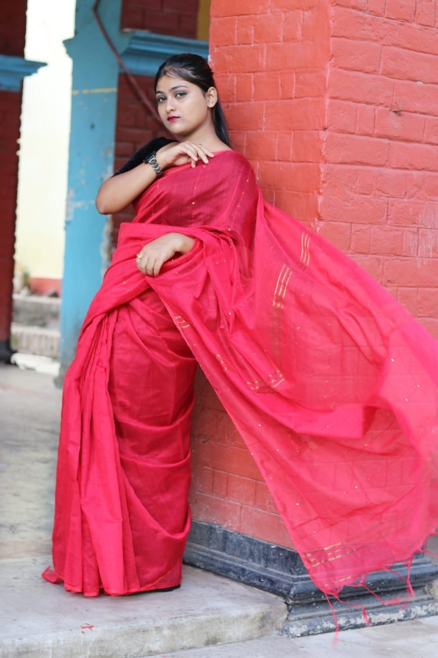 Tamarillo Red Cotton Sequence Chumki Saree