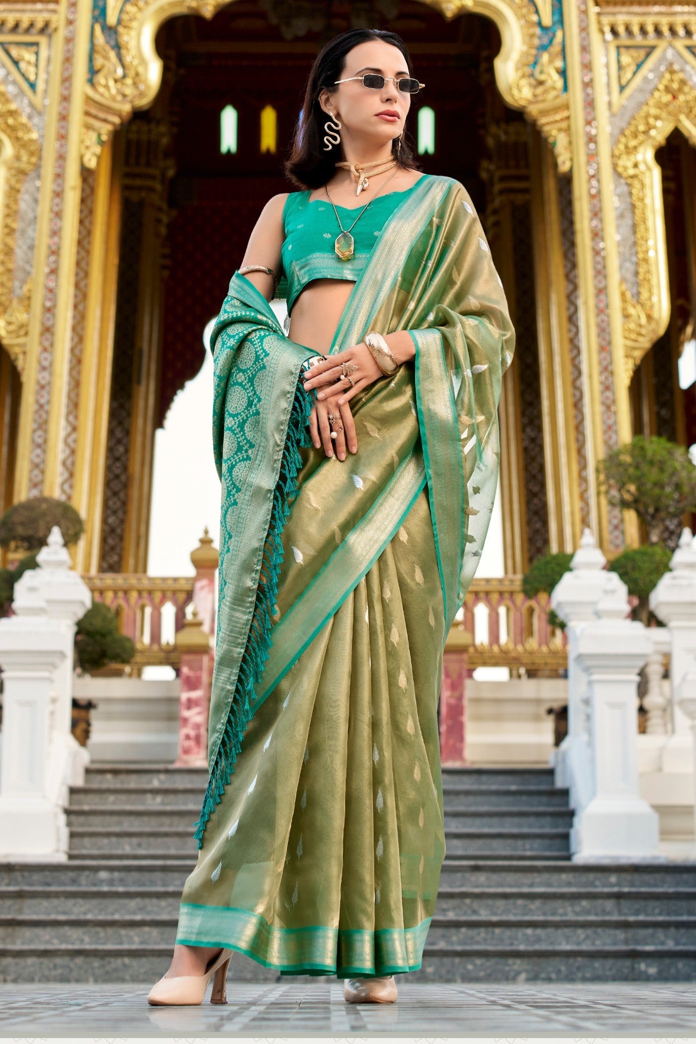 Sapling Green Tissue Silk Saree