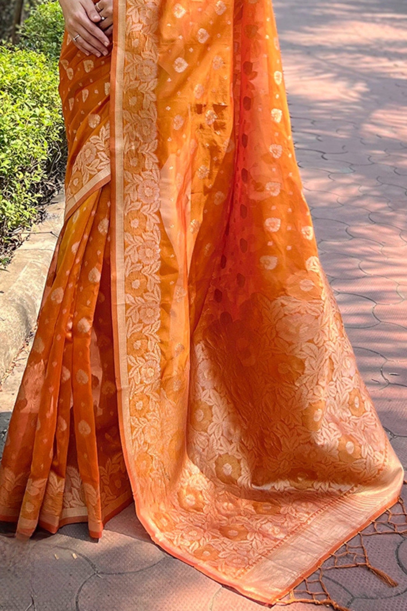 Tan Orange Zari Woven Organza Saree