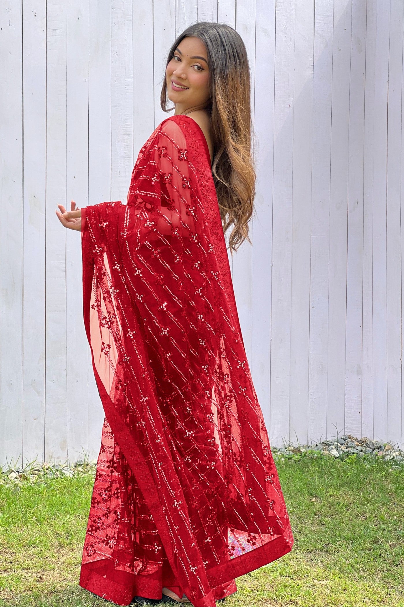 Romantic Red Embroidered Partywear Saree