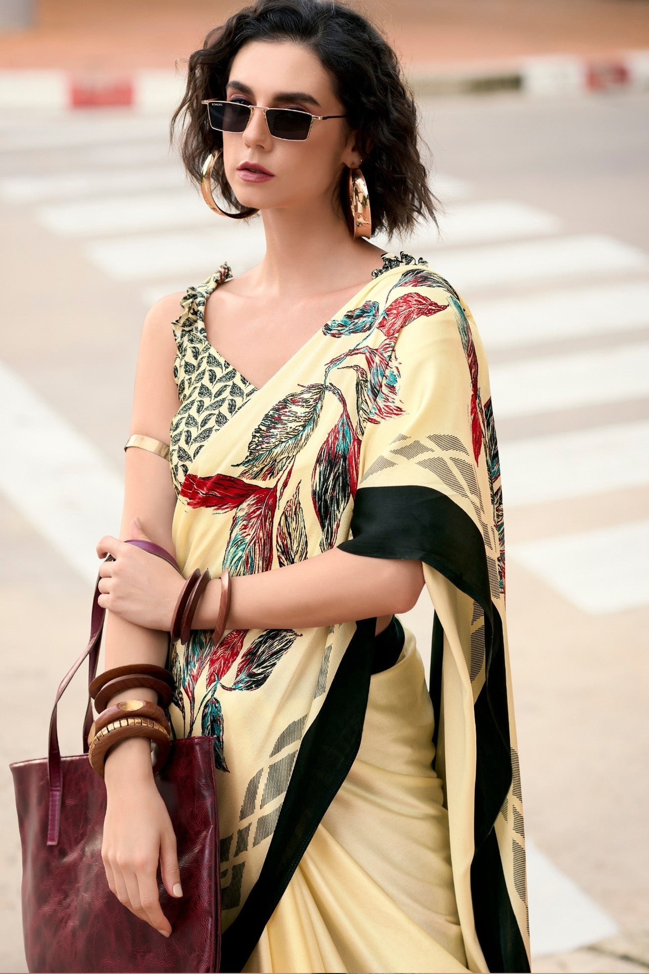 Bisque Cream Printed Satin Crepe Saree