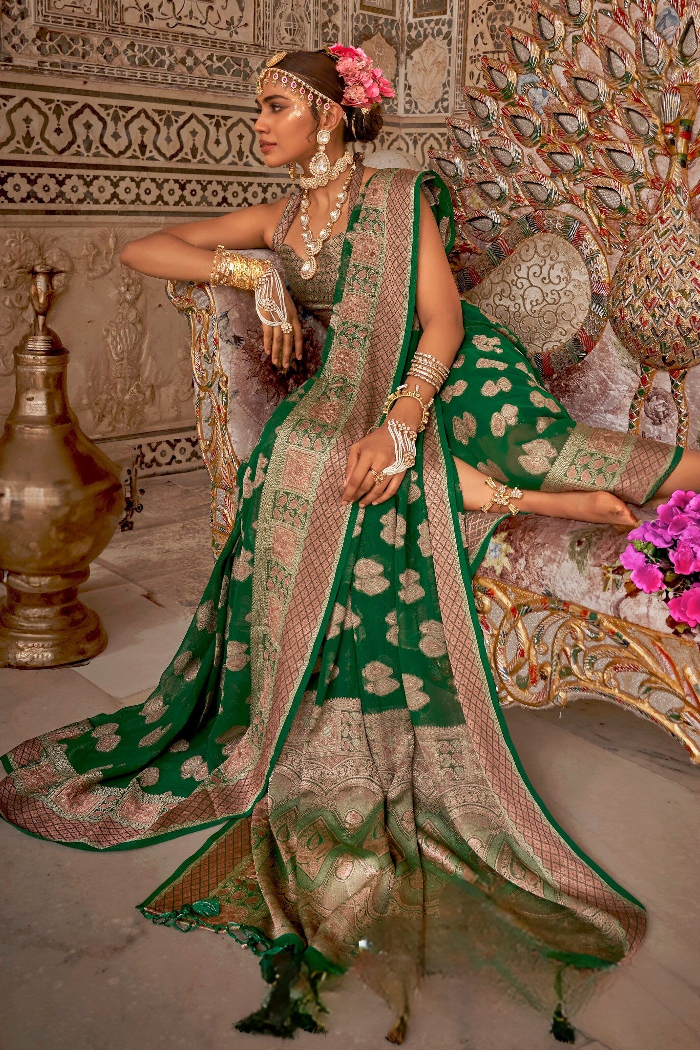 Leaves Green Zari Woven Georgette Saree