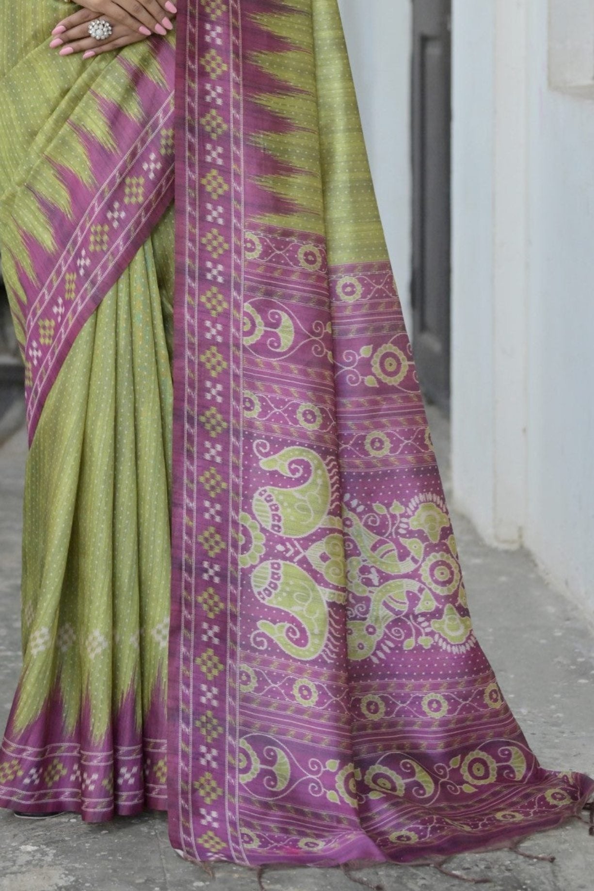 Smoke Green and Purple Printed Tussar Silk Saree