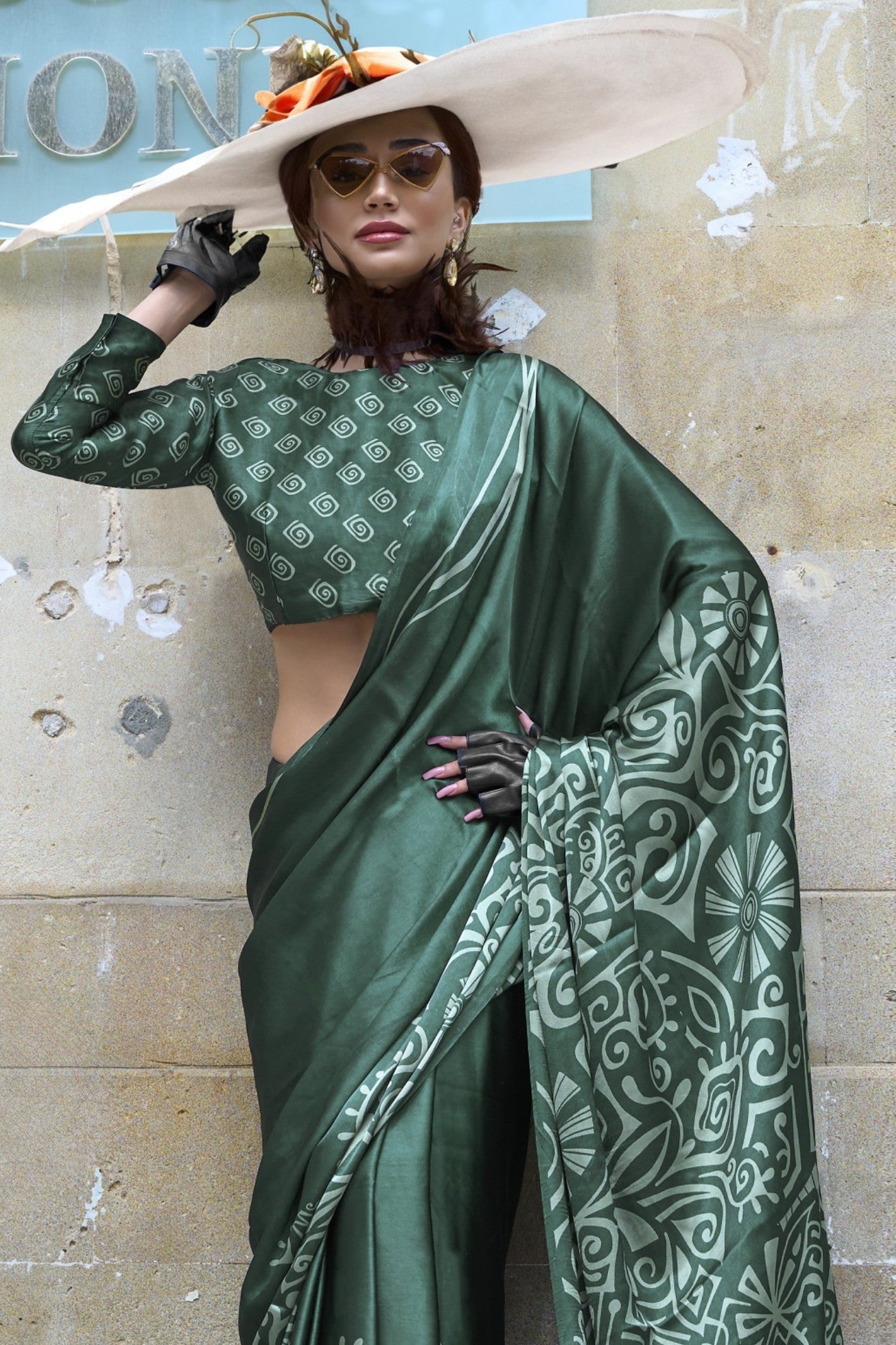 Luster Green Printed Satin Crepe Silk Saree