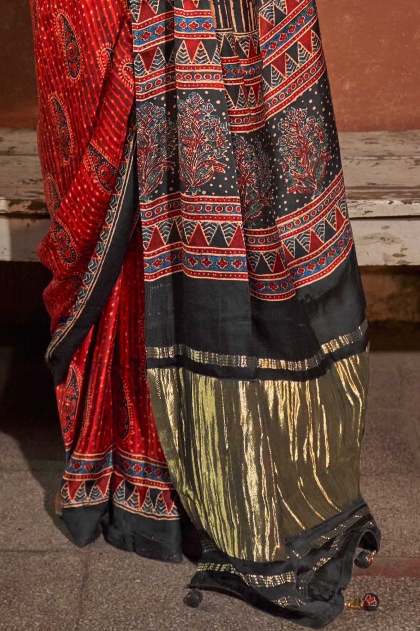 Chilli Red and Black Ajrakh Handprinted Satin Saree