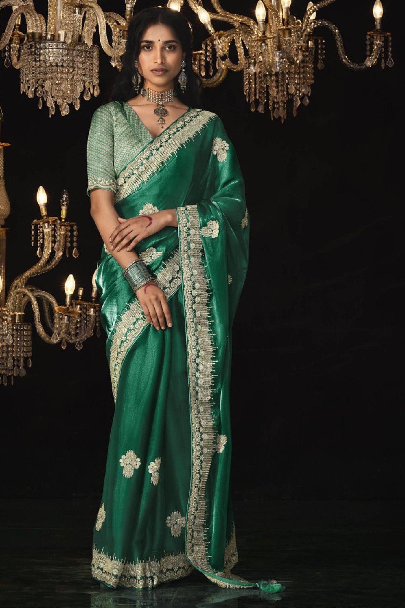 Hunter Green Tissue Embroidered Designer Saree