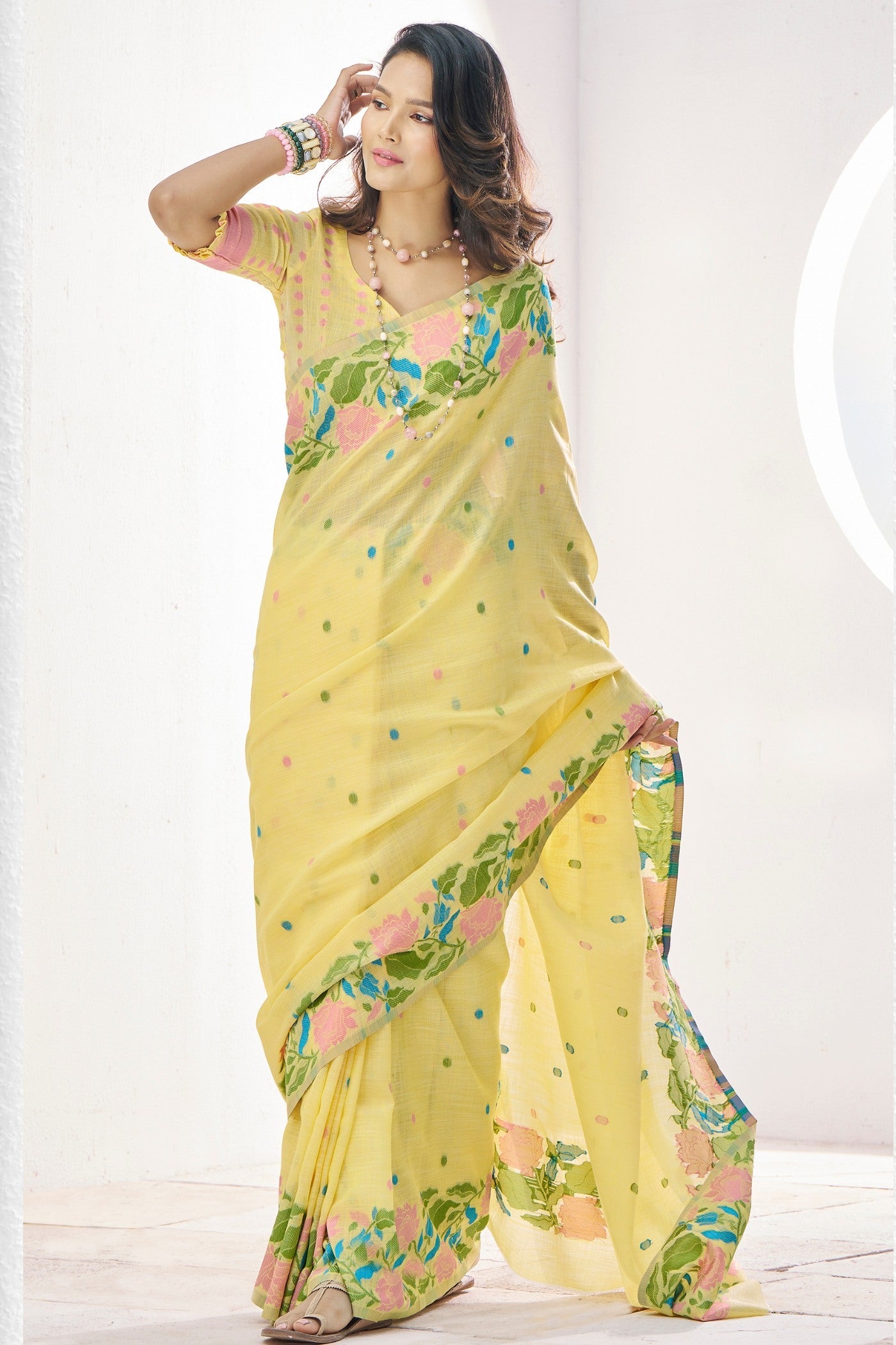 Putty Yellow Printed Linen Saree