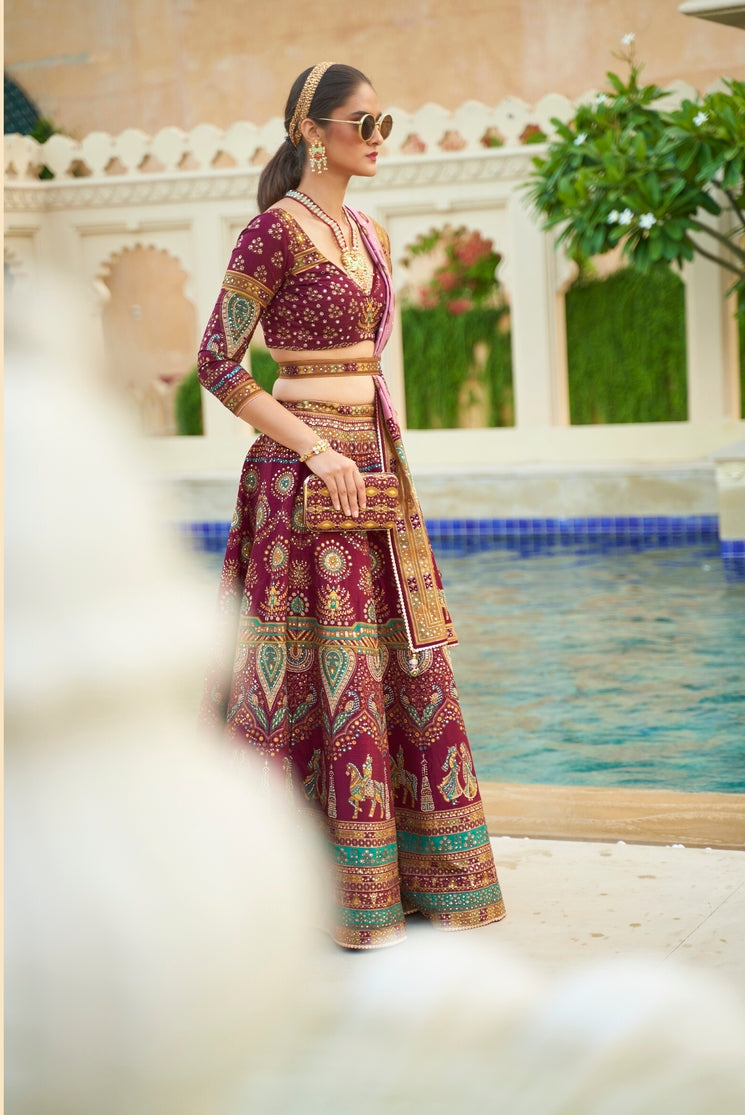 Coral Maroon Woven Lehenga Choli With Heavy Embroidery Work