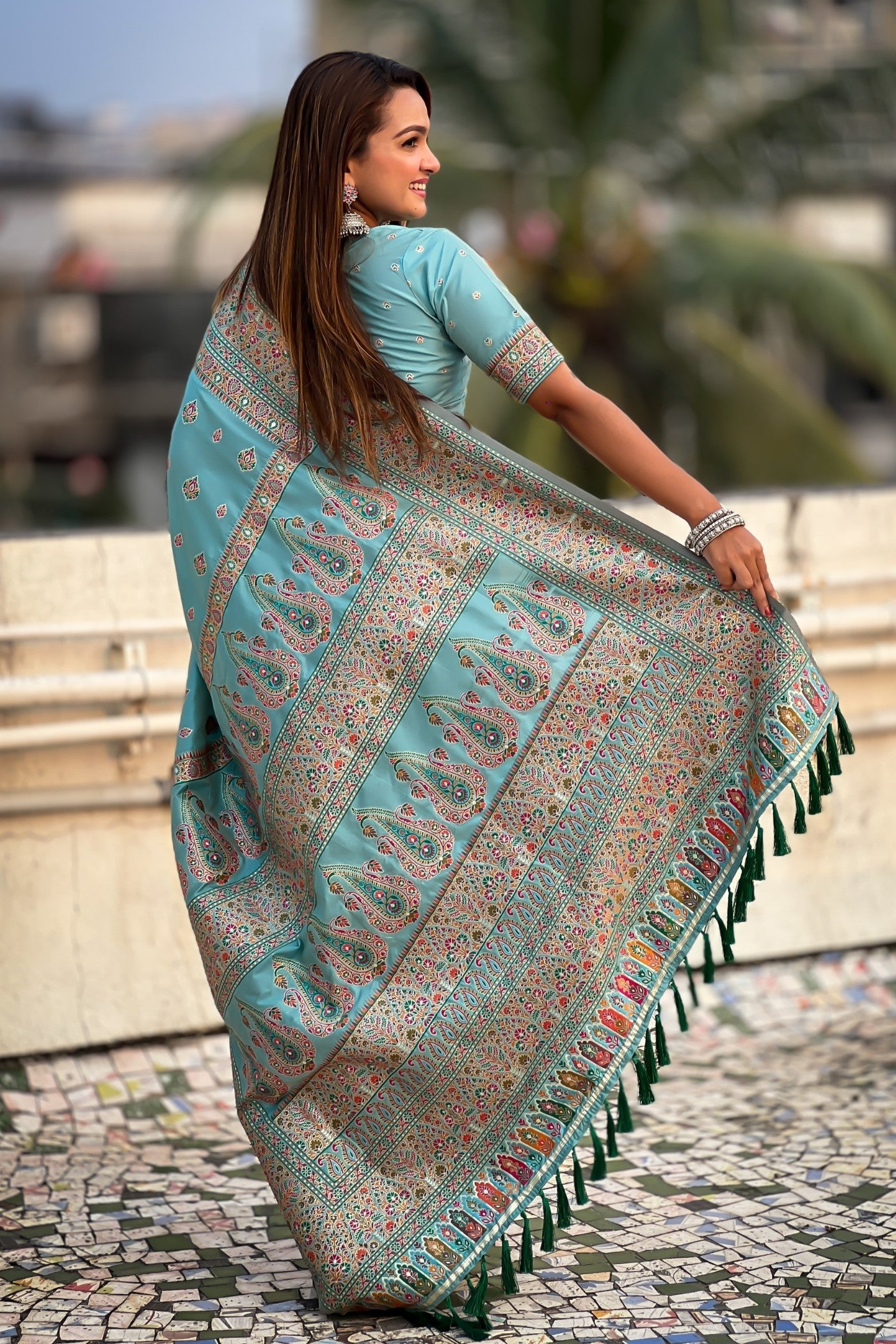 Sky Blue Kashmiri Jamewar Saree