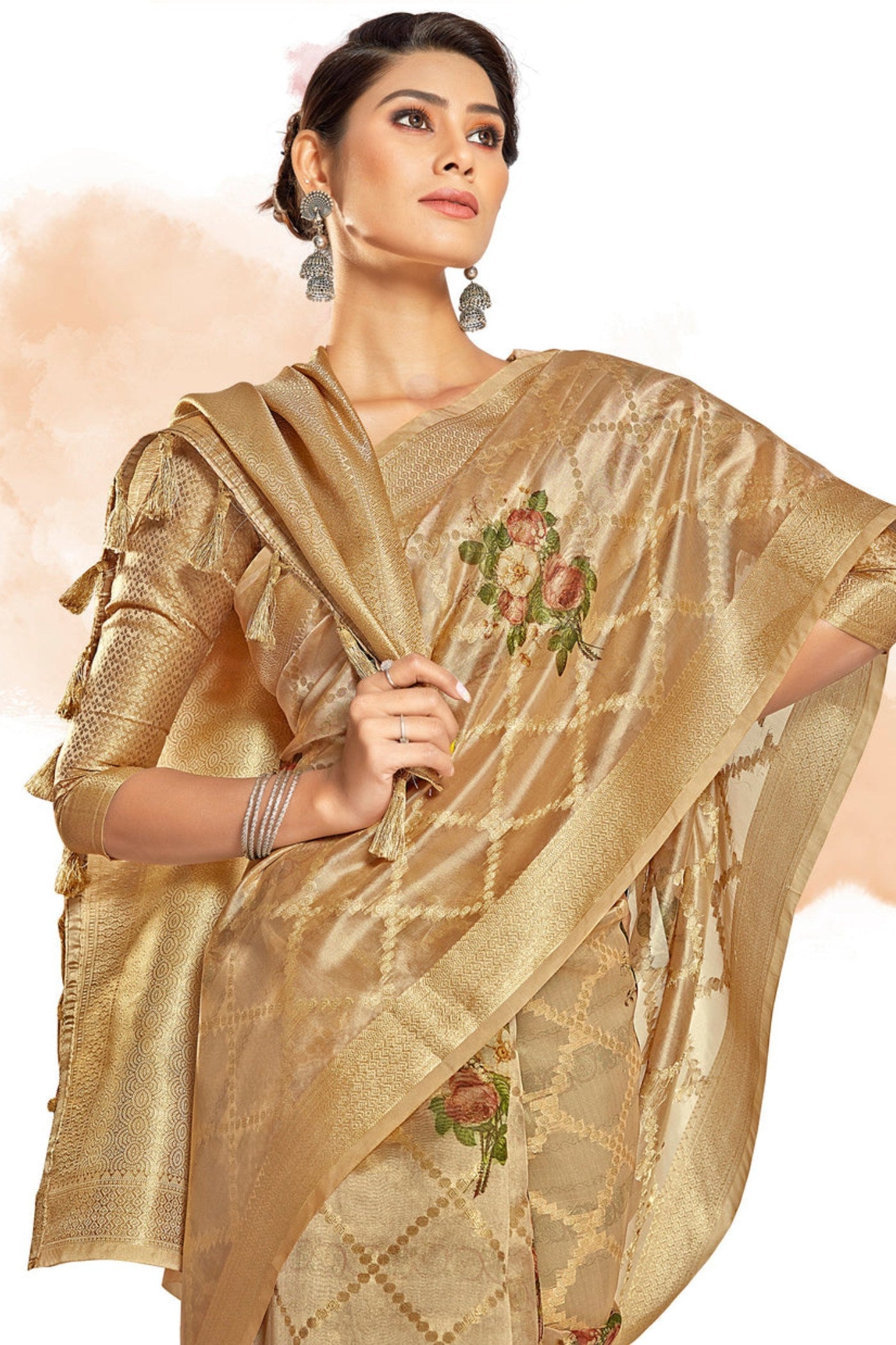 Tussock Cream Digital Printed Banarasi Saree