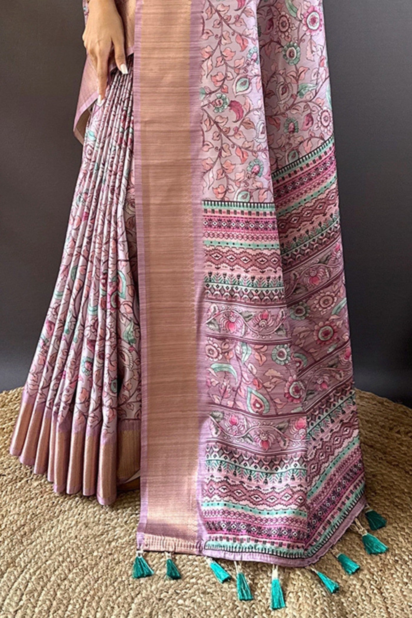 Blssom Pink Printed Tussar Silk Saree