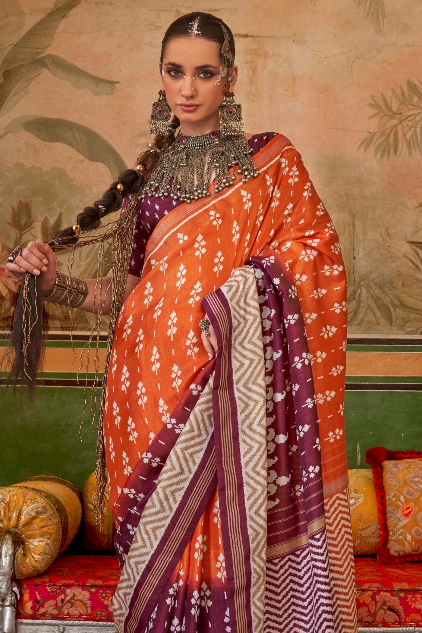 Flamingo Orange and Brown Printed Patola Saree