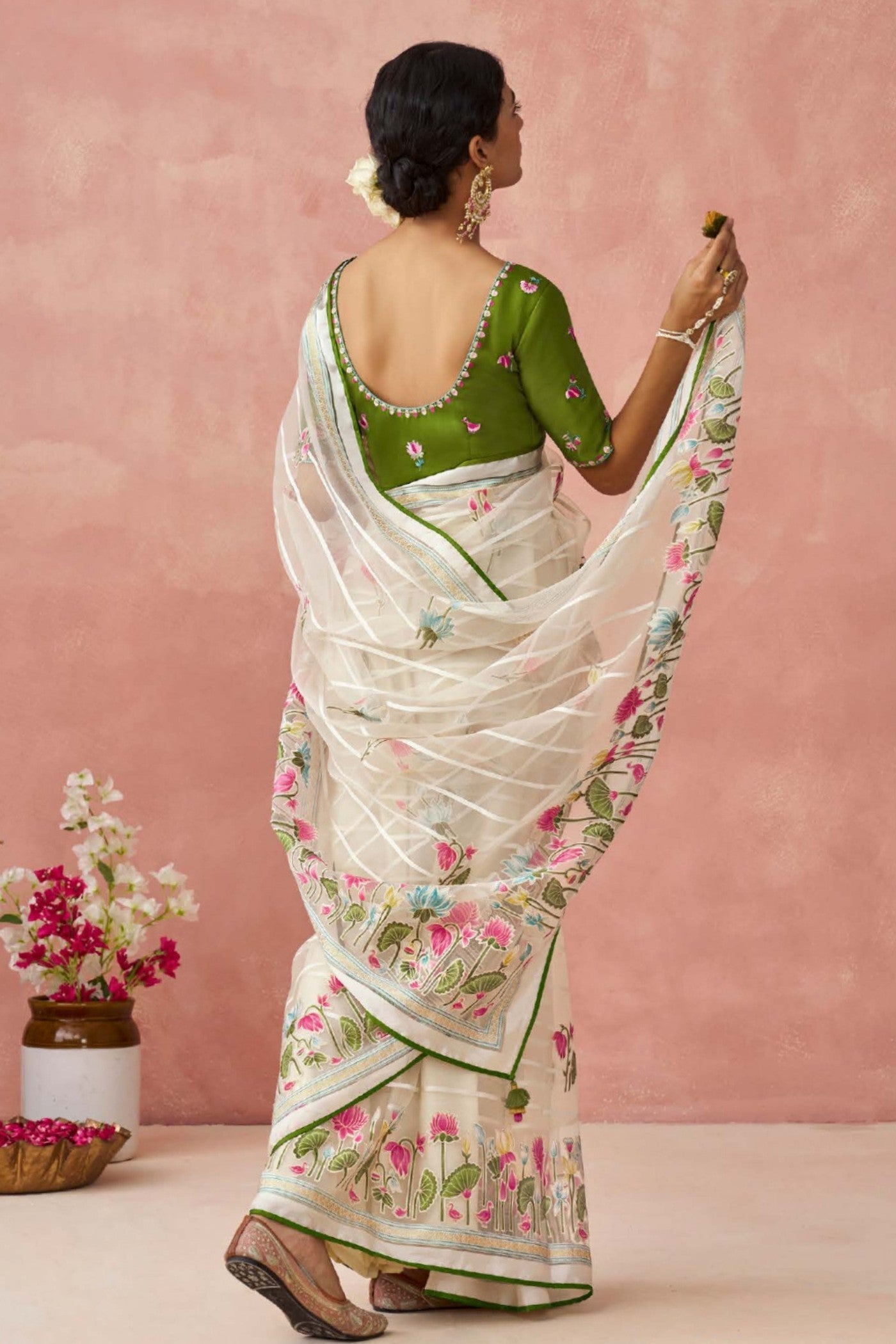 Pearl White and Green Brasso Organza Printed Saree