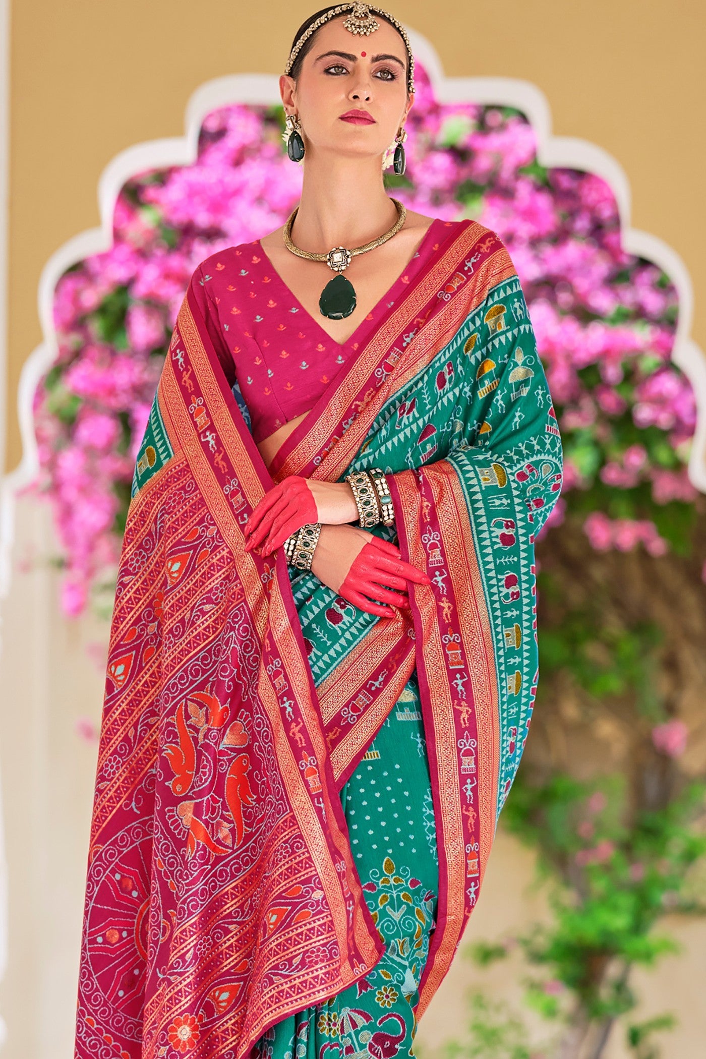 Jungle Green and Pink Printed Patola Saree