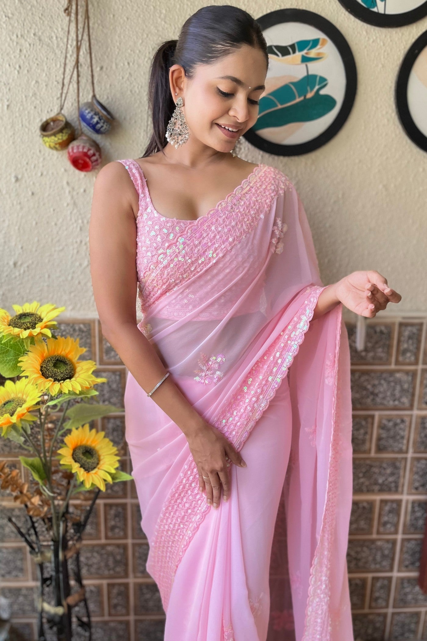 Camellia Pink Embroidery Georgette saree