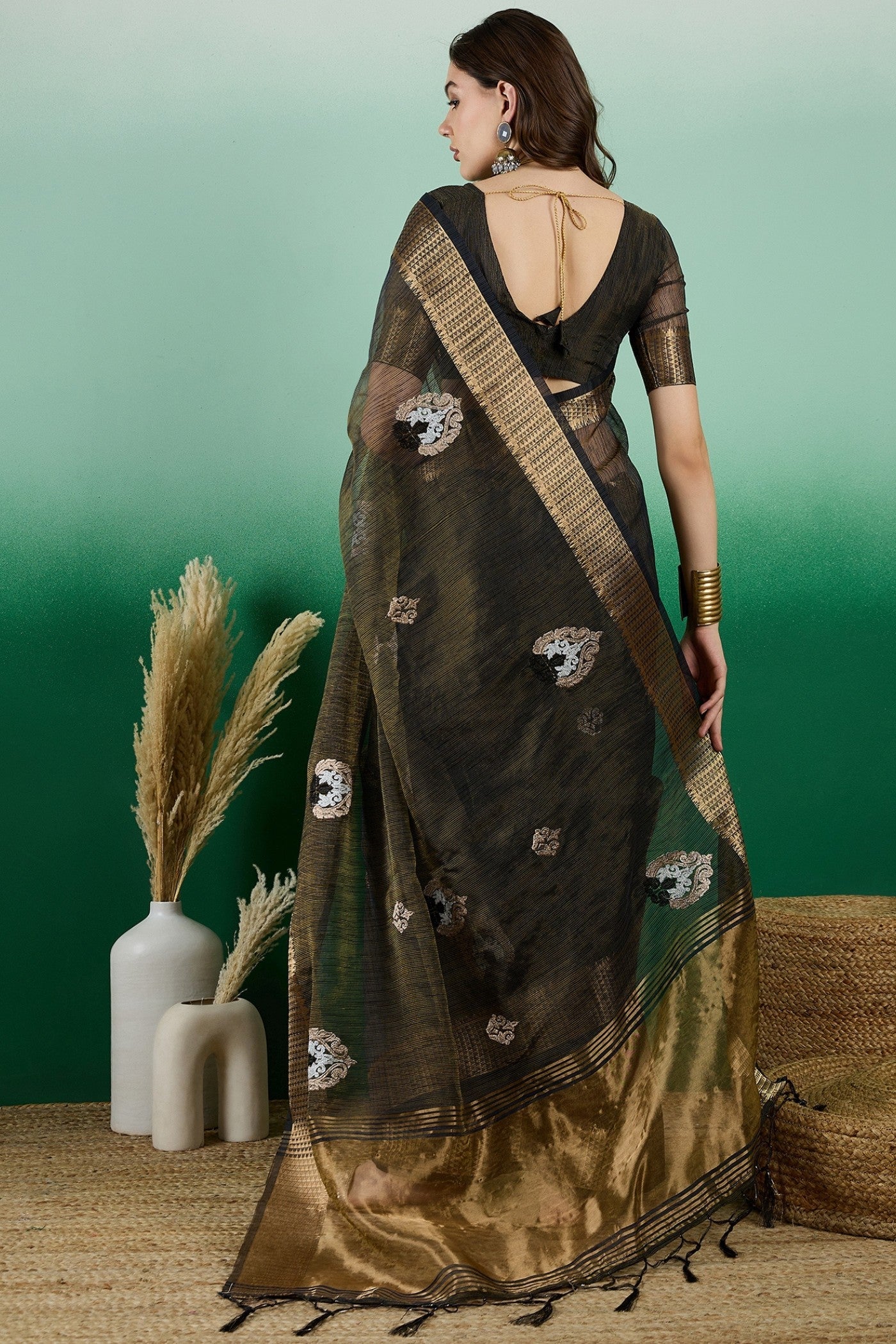 Coral Black Khadi Organza Saree