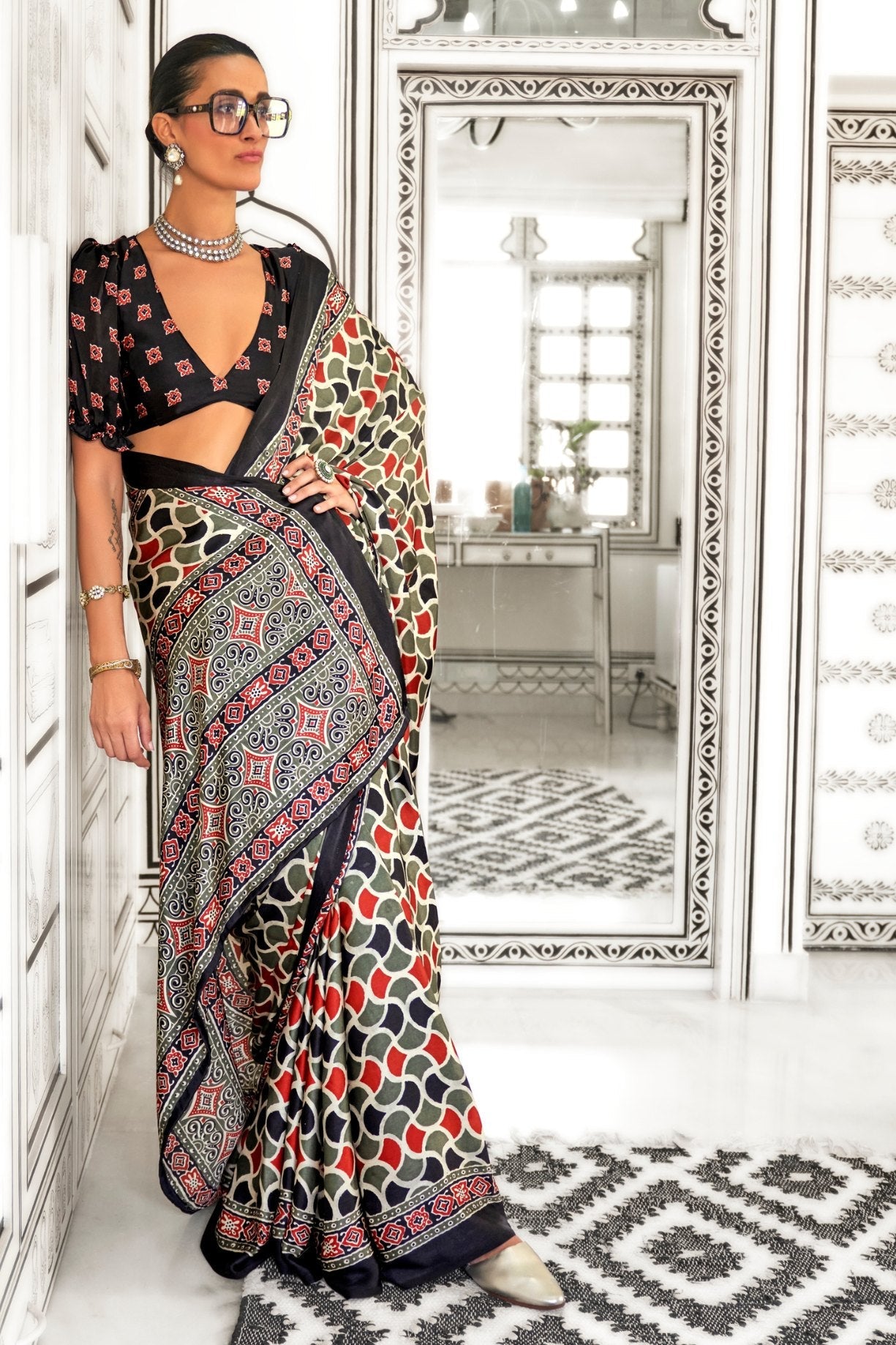 Arrowtown Green and Black Printed Ajrakh Satin Crepe Saree