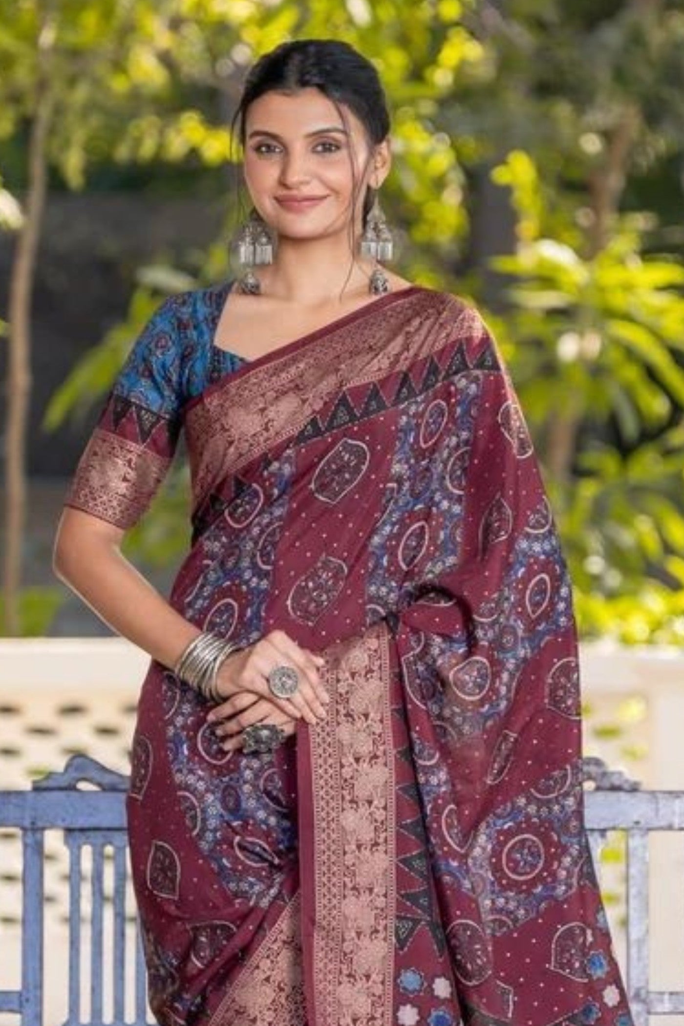 Cedar Maroon Ajrakh Digital Printed Satin Saree