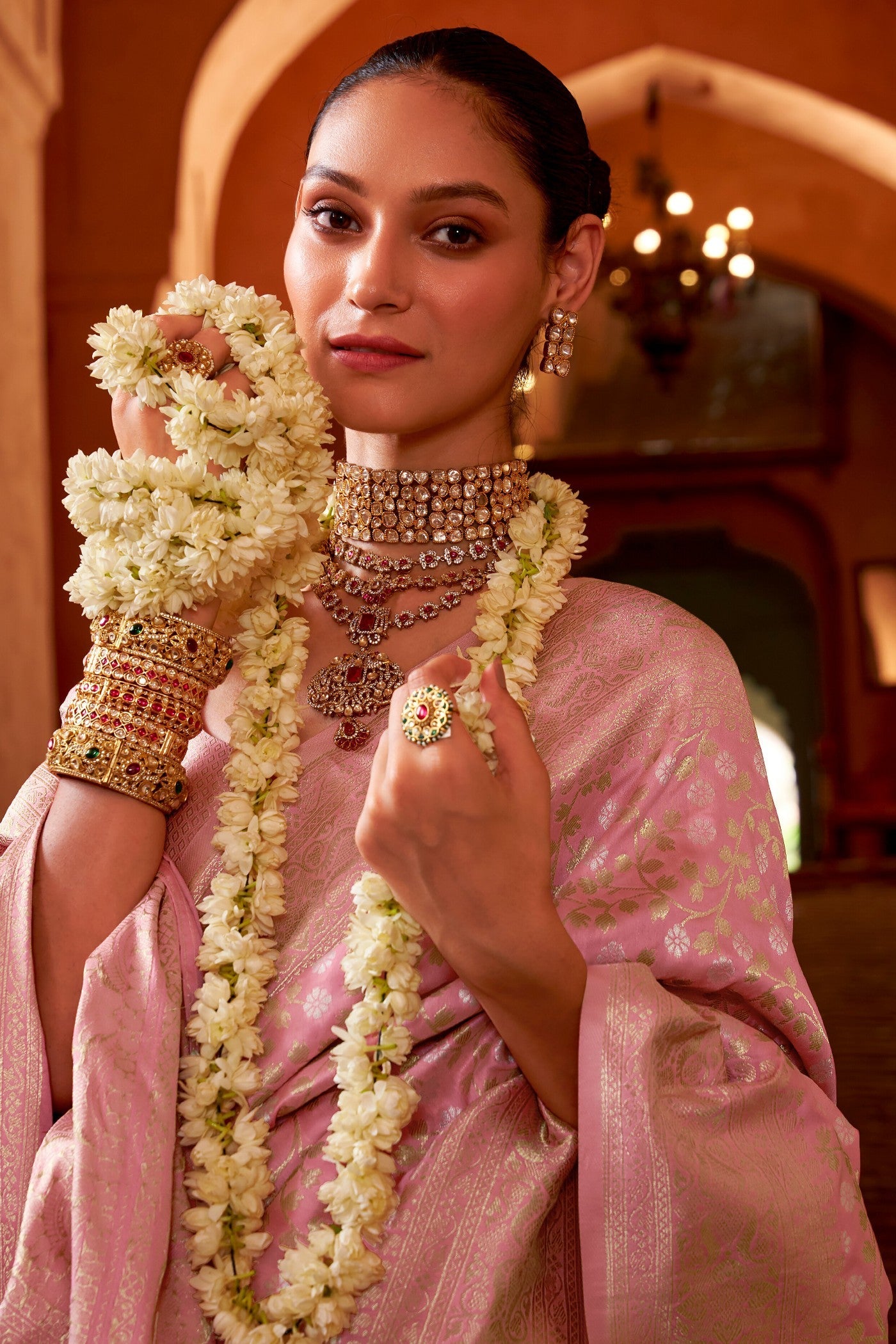 Melon Pink Woven Banarasi Saree