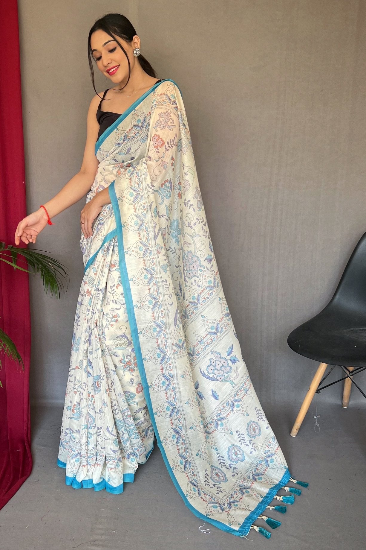 River Blue and White Printed Cotton Saree