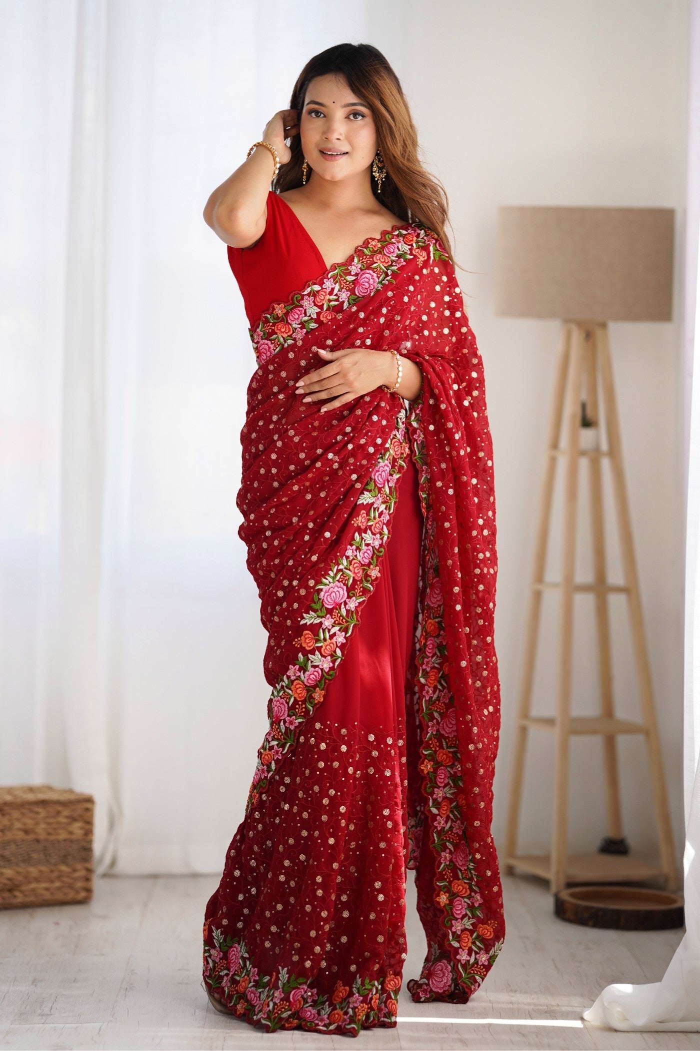 Rose Red Embroidered Georgette Saree