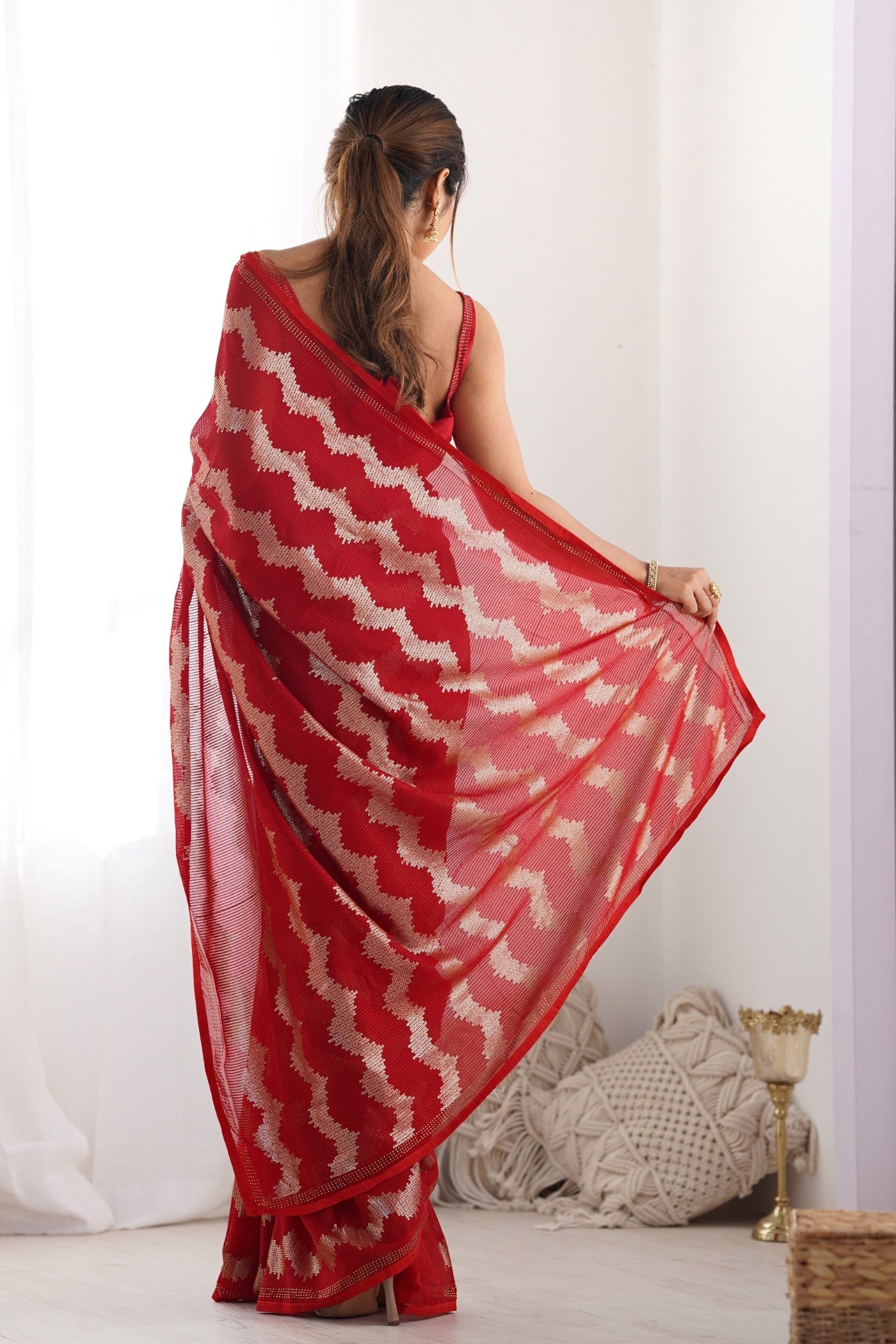 Rose Red Embroidered Partywear Saree