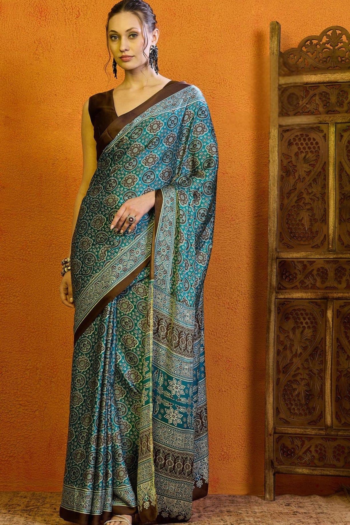 Cutty Sark Blue Printed Ajrakh Satin Crepe Saree