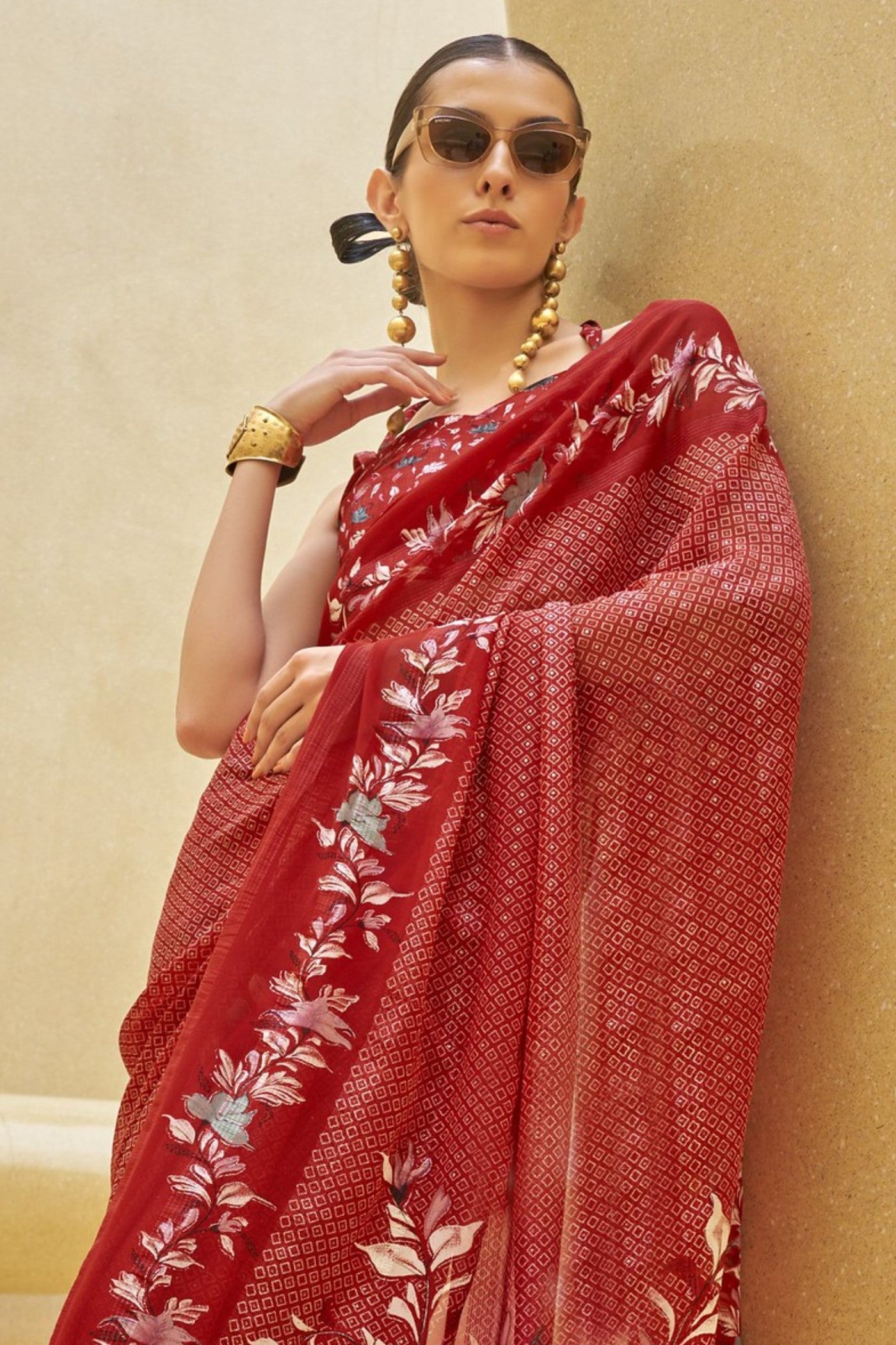 Cherry Red Georgette Printed Saree