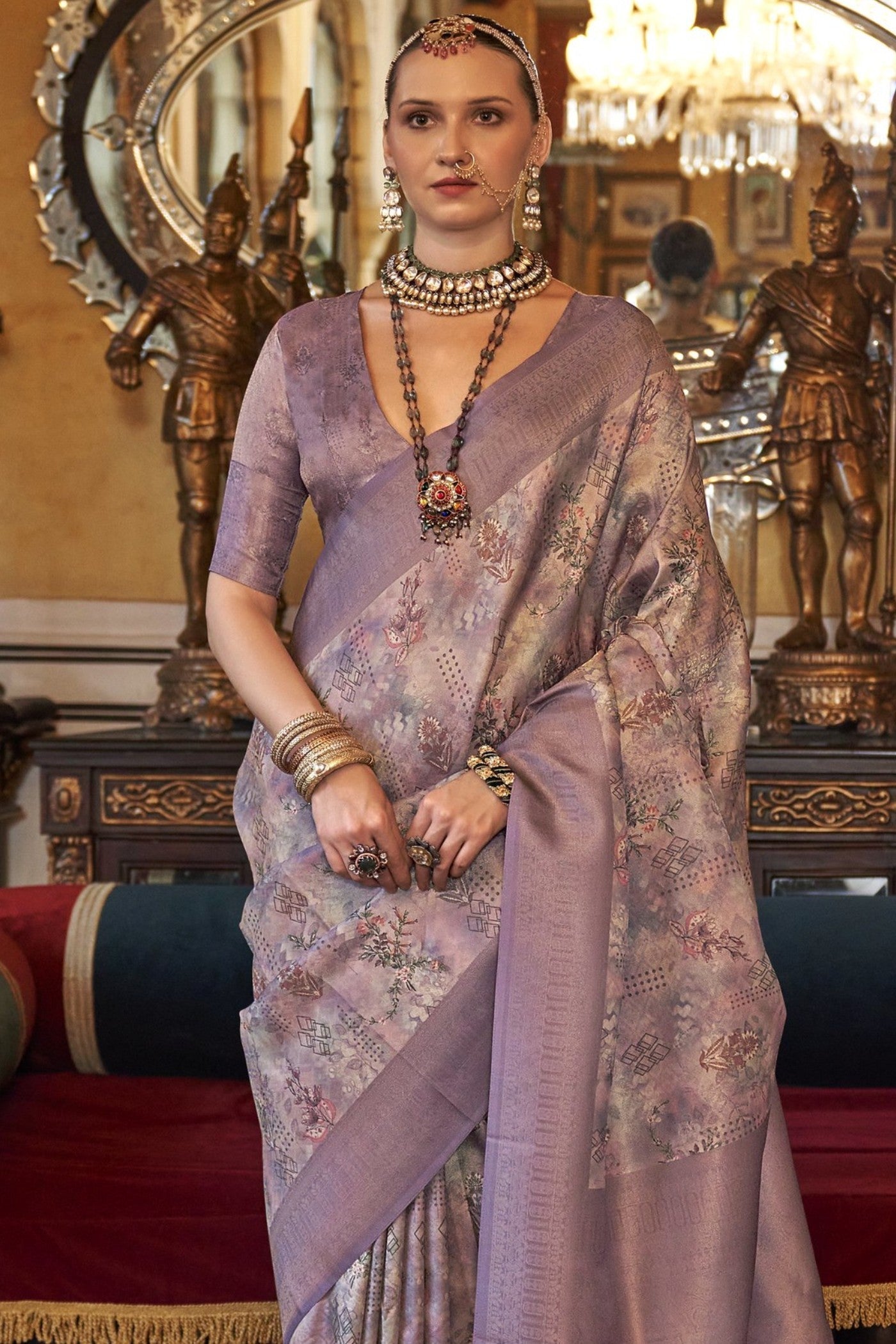 Bouquet Purple Tussar Banarasi Digital Printed Saree