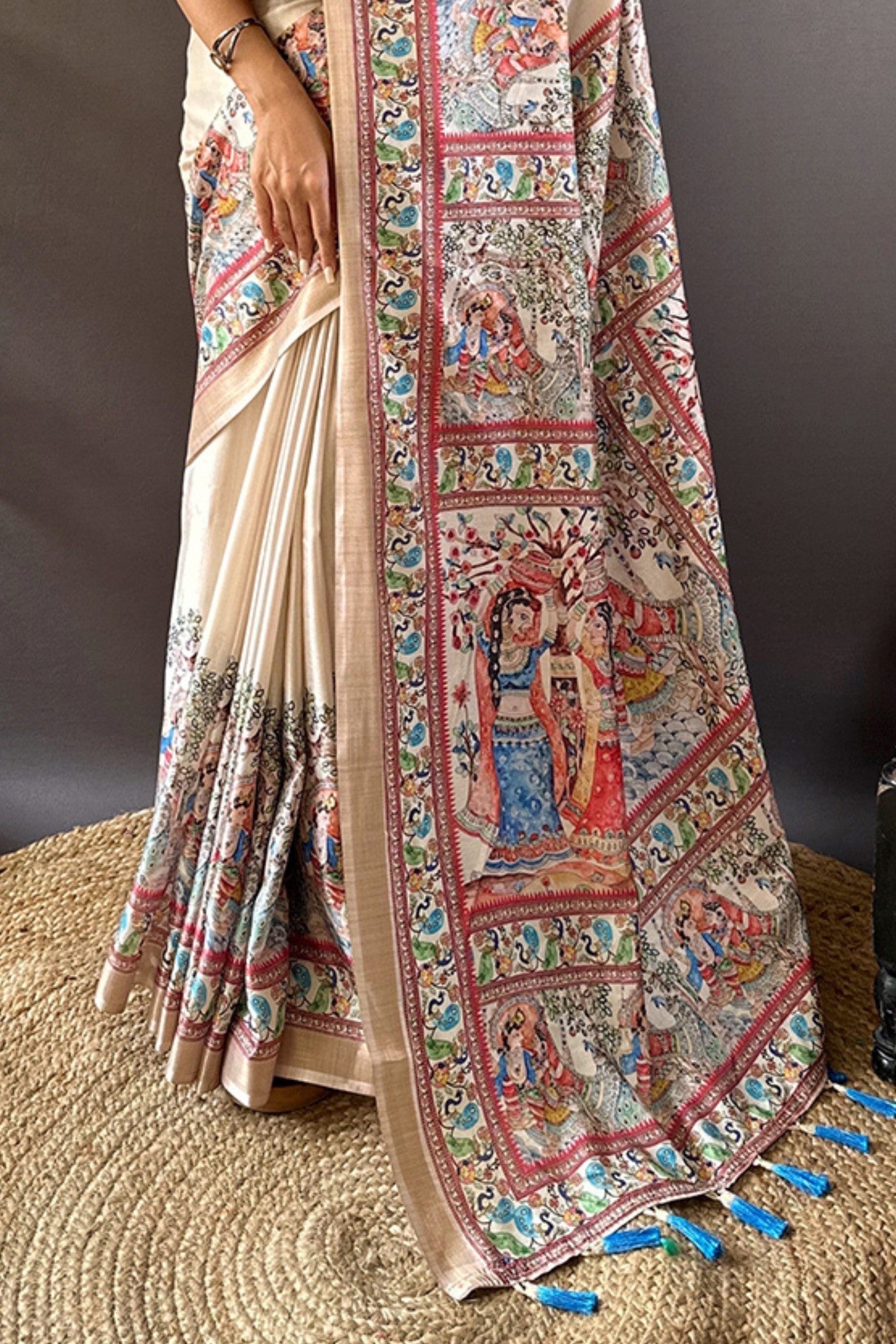 Spanish Cream Madhubani Printed Tussar Silk Saree