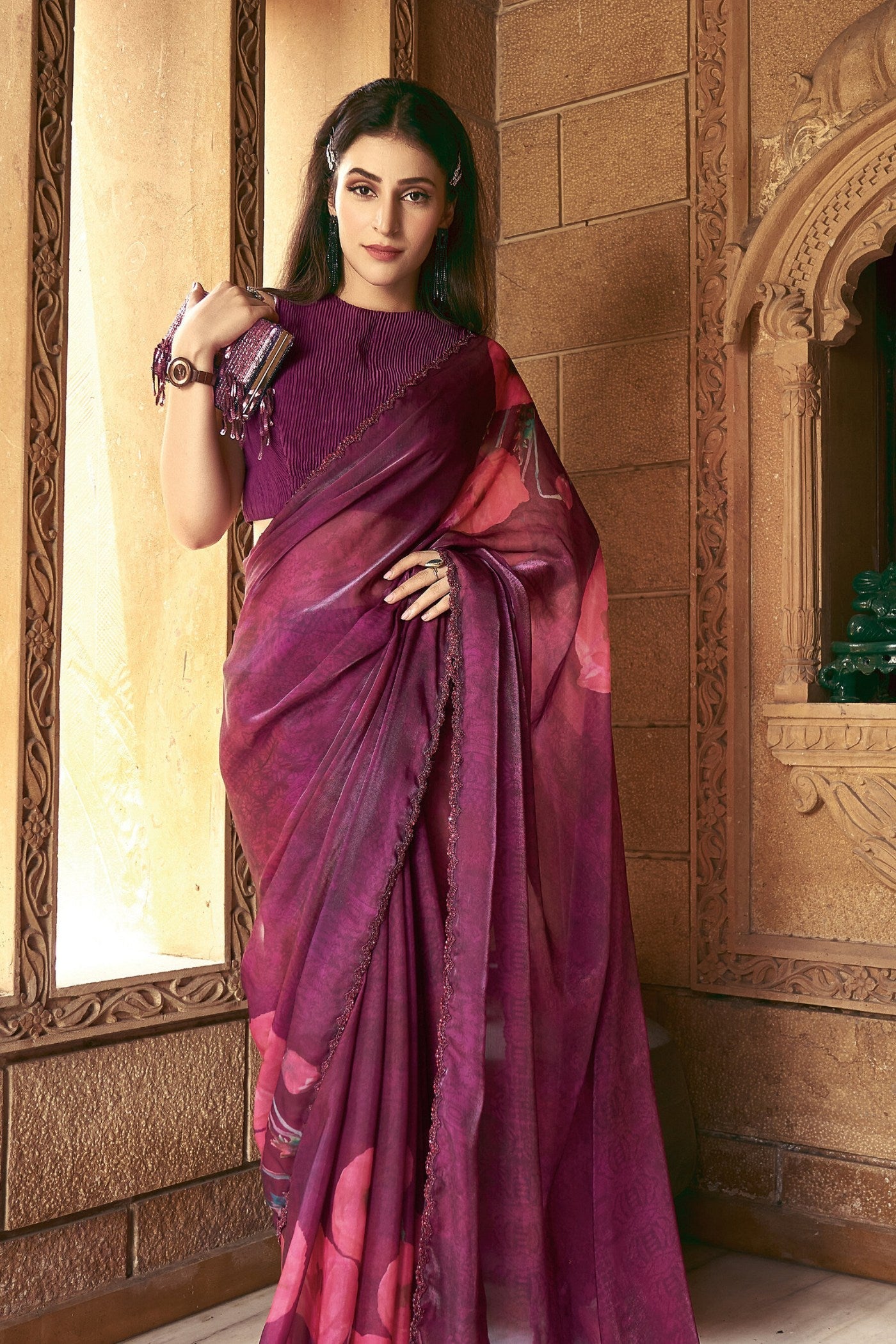 Orchid Pearl Purple Satin Printed Silk Saree